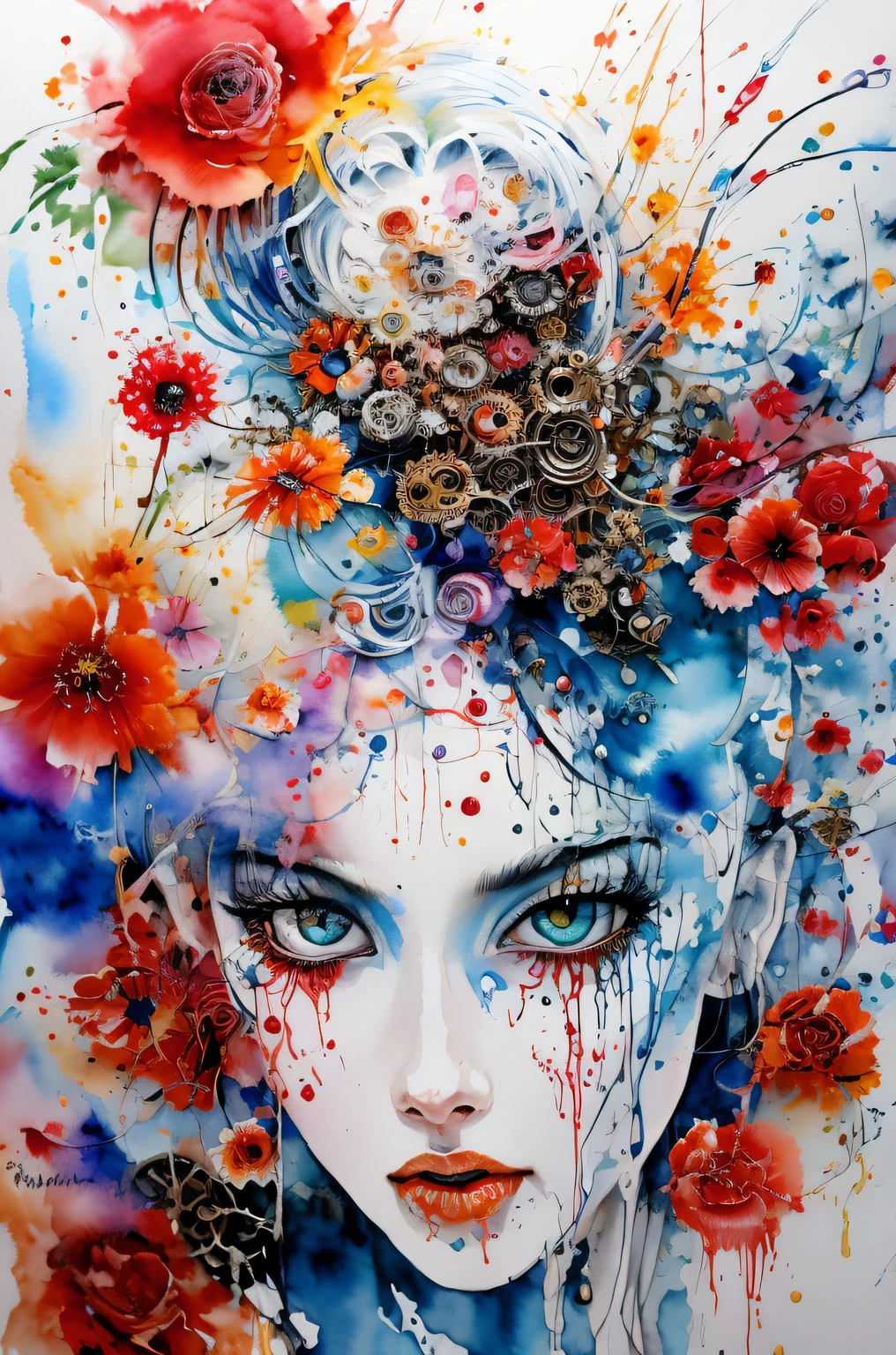 abstract steampunk girl monster,angerで黄色に光る目、 fantastic flower garden, red and blue, watercolor crazy painting on white canvas, become familiar with, Fine touch, A true masterpiece watercolor painting, splash of water、masterpiece、highest quality、fear、anger、expressing fear、detailed description、