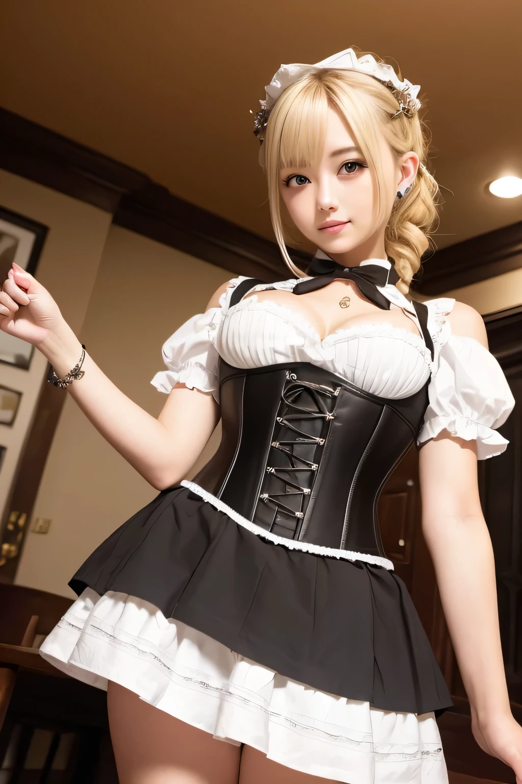 NSFW, Raw photo, highest quality, High resolution, realistic, japanese girl, 16 years old, (multiple girls), full body, blank, poker face, Stone Face, model, big breasts,Areola is erect, short hair, side blade,emphasize, gray hair, silver hair, light brown hair, Are standing, empty eyes, empty eyes, ((thin thighs)), diagonal bangs, cute face, shiny skin, beautiful body, beautiful skin, concentrated,wet , naked from below, (Maid clothes, Lead Bowtie,Black pinaphore dress, Corsets with attention to detail, gothic, ruffle dress, beautiful embroidery, (long skirt:1.2):1.4), (Use your hands to lift your skirt:1.3) show (garter belt and transparent lace shorts:1.2), underwear, suspenders,off shoulder