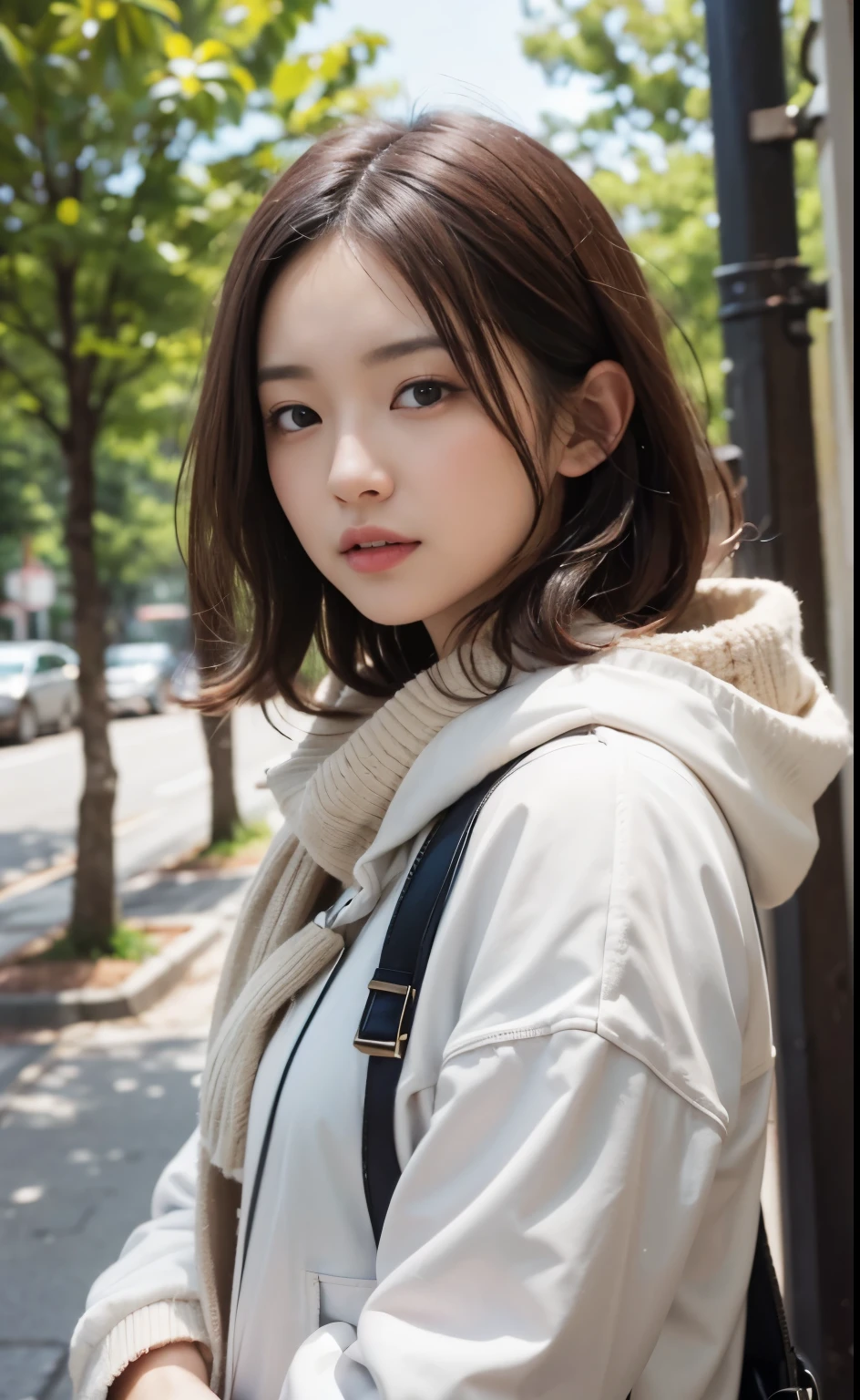 cute 21 year old japanese、super detail face、pay attention to details、double eyelid、beautiful thin nose、sharp focus:1.2、Beautiful woman:1.4、(light brown hair,short hair、),pure white skin、highest quality、masterpiece、ultra high resolution、(Photoreal:1.4)、Light from outside、laughter、Pinafor、corridor、cute winter clothes、