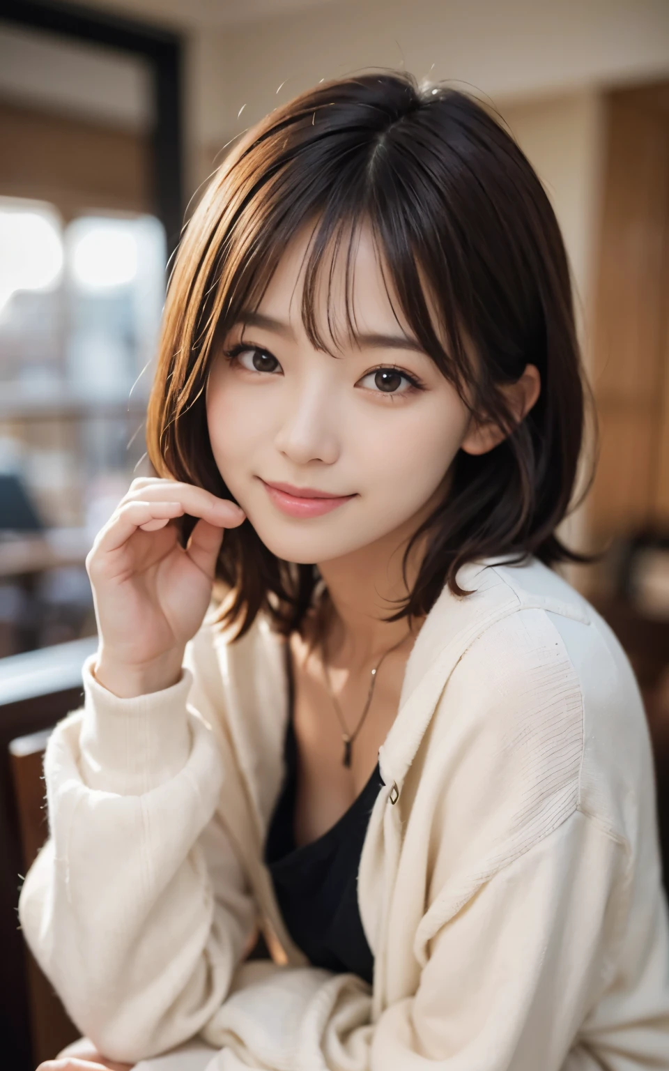 cute 21 year old japanese、clear sky、shopping、city、super detail face、pay attention to details、double eyelid、beautiful thin nose、sharp focus:1.2、Beautiful woman:1.4、(light brown hair,short hair、),pure white skin、highest quality、masterpiece、ultra high resolution、(Photoreal:1.4)、Highly detailed and professional lighting、nice smile、show your whole body、cute fall clothes、