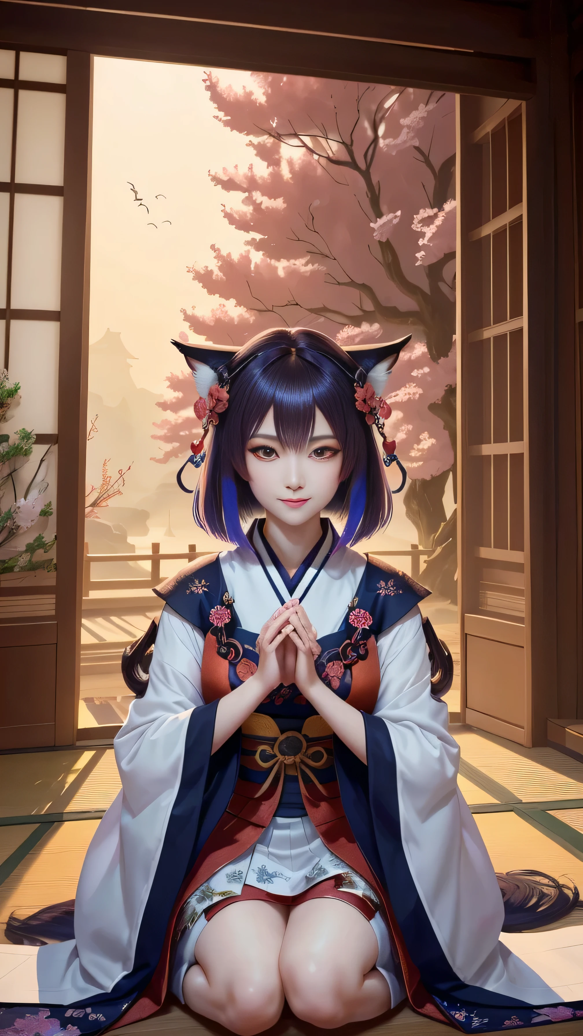 masterpiece , highest quality,close up of face,smile,colorful hair,Sharp contrast,whole body,Only one person,precision quality,beautiful short hair, masterpiece, japanese architectureの背景,beautiful details, colorful, delicate details, delicate lips, intricate details, genuine, ultrargenuineista, 枝に座っている色とりどりの髪のFoxを持つ女の子:mature, bright eyes, ,色とりどりのFox, Raposa the Nine Tails, 三尾Fox, 三尾Fox, Onmyoji detailed art, beautiful fine art illustration, mythical creatures, Fox, beautiful digital art,shrine maiden,japanese architecture,Holding hands,exquisite digital illustration, mizutsune, Inspired by mythical wild nest creatures, pixiv in digital art, dazzling light, high contrast, Mysterious,