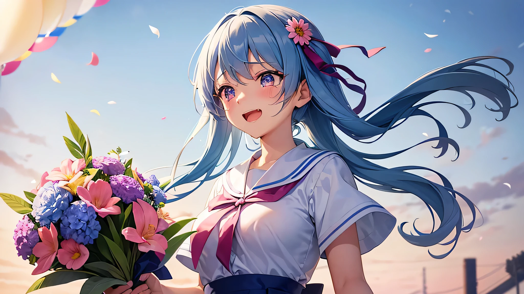 her graduation day. Fun anime-style girl with flowing blue hair, Tie with ribbons, She is holding a bouquet of colorful flowers and crying happy tears. She is wearing a school uniform with a sailor collar and a ribbon tied in the front.。. The background is an auspicious scene with dancing pink cherry blossoms., festive balloons, and soft, Pastel colored light creates a warm atmosphere, sunny day. The girl's expression shows an overwhelming sense of happiness.、Represents an important milestone victory achieved.