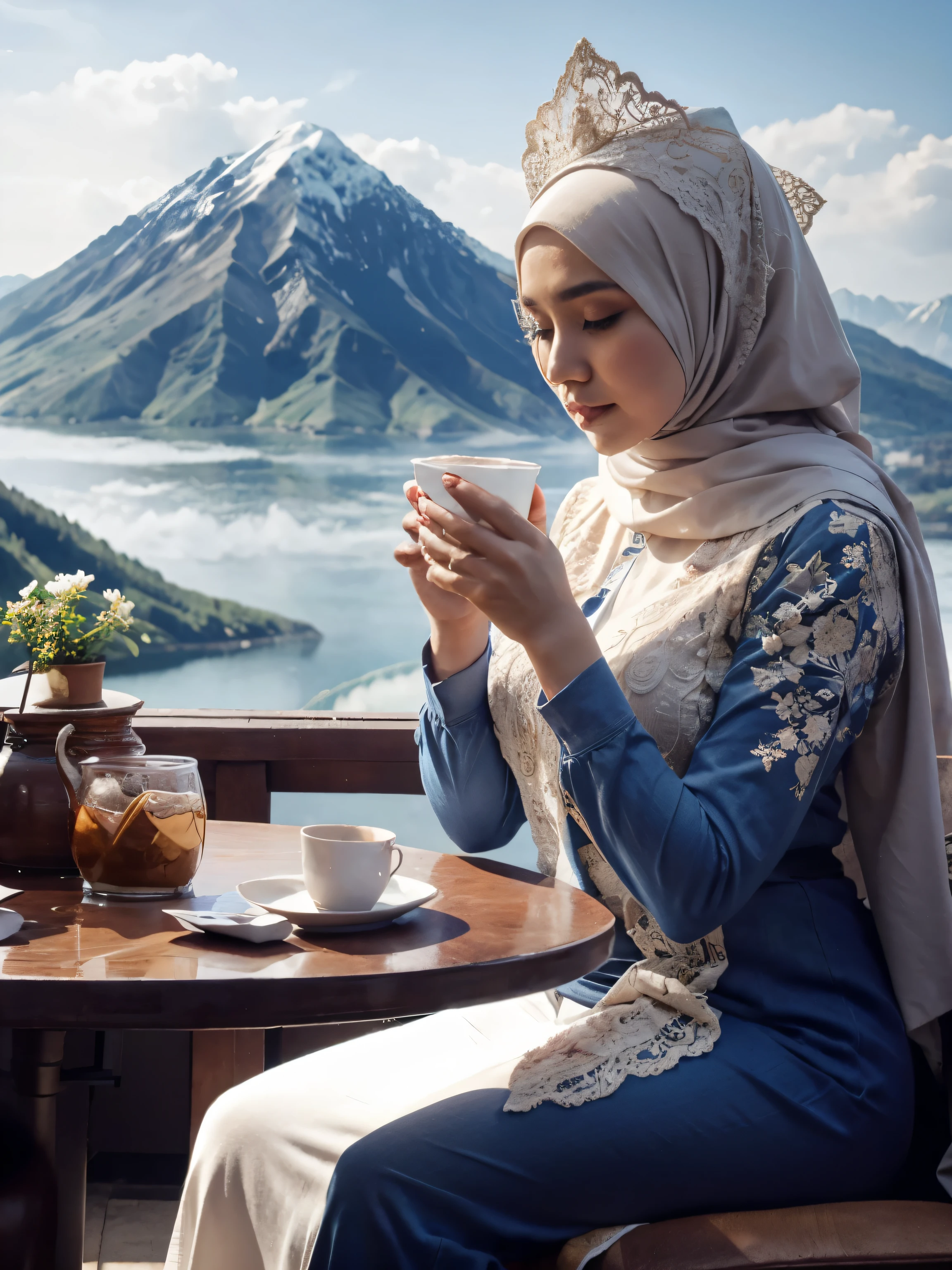 Indonesia woman, plump, hijab, mountain background, realisztic