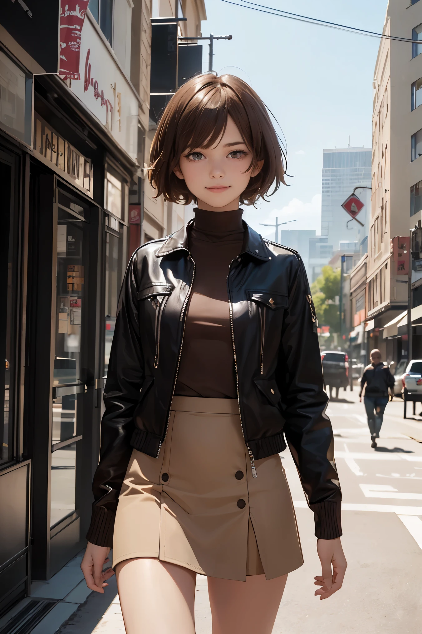 (8K, masterpiece, highest quality, realistic, official art:1.3), detailed face, Detailed small eyes, Fine clothes, detailed skin, detailed shiny hair, (from before, cowboy shot:1.5),
break (boyish girl:1.3), (alone, upright:1.5), big breasts, long legs, smile, (Brown Pixie Cut:1.5), (parted bangs), (tanned skin), skin,
break (cropped jacket, turtleneck shirt, mini skirt), choker, outdoor, downtown, street, spring, (flower),