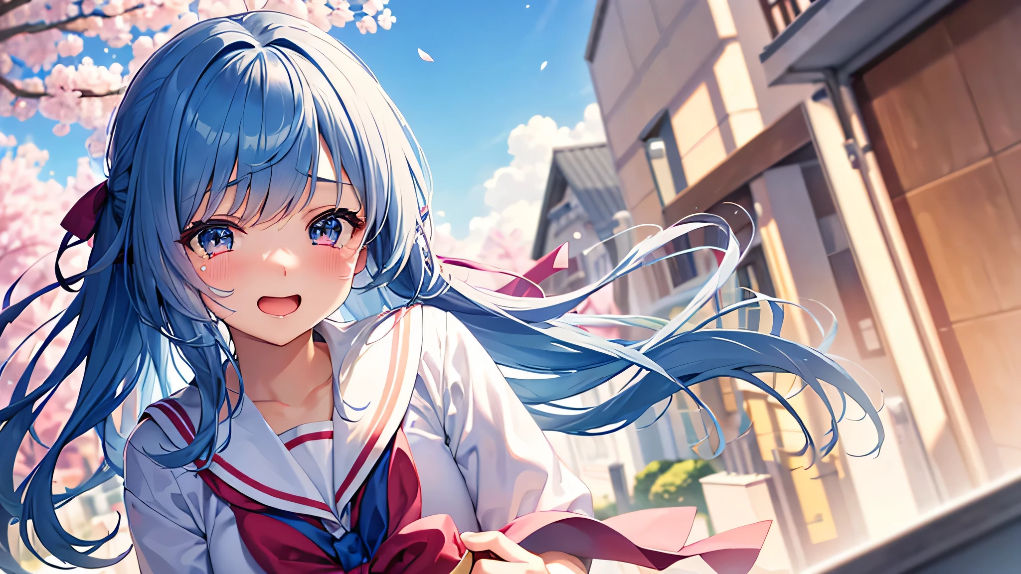 her graduation day. Fun anime-style girl with flowing blue hair, Tie with ribbons, She is holding a bouquet of colorful flowers and crying happy tears. She is wearing a school uniform with a sailor collar and a ribbon tied in the front.。. The background is an auspicious scene with dancing pink cherry blossoms., festive balloons, and soft, Pastel colored light creates a warm atmosphere, sunny day. The girl's expression shows an overwhelming sense of happiness.、Represents an important milestone victory achieved.