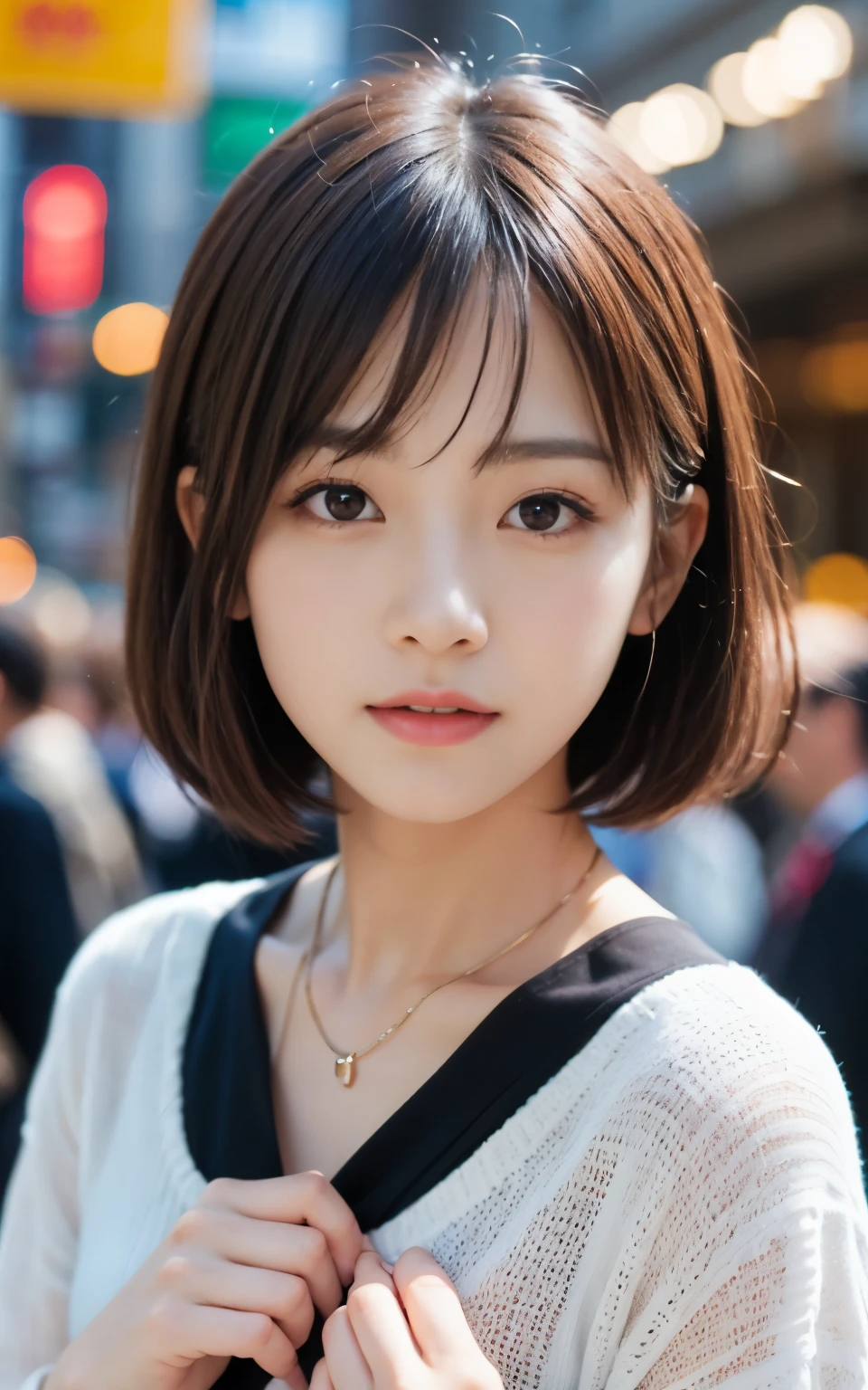 cute 21 year old japanese、clear sky、shopping、city、super detail face、pay attention to details、double eyelid、beautiful thin nose、sharp focus:1.2、Beautiful woman:1.4、(light brown hair,short hair、),pure white skin、highest quality、masterpiece、ultra high resolution、(Photoreal:1.4)、Highly detailed and professional lighting、nice smile、show your whole body、cute fall clothes、