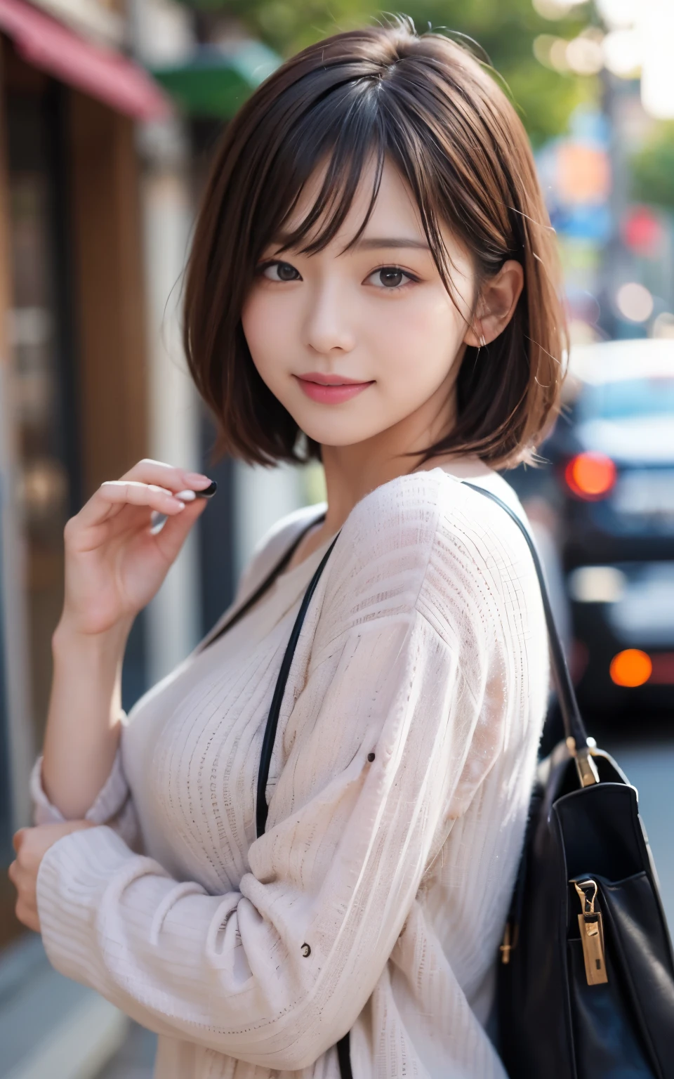 cute 21 year old japanese、clear sky、shopping、city、Valentine、chocolate、present、super detail face、pay attention to details、double eyelid、beautiful thin nose、sharp focus:1.2、Beautiful woman:1.4、(light brown hair,short hair、),pure white skin、highest quality、masterpiece、ultra high resolution、(Photoreal:1.4)、Highly detailed and professional lighting、nice smile、show your whole body、cute fall clothes、