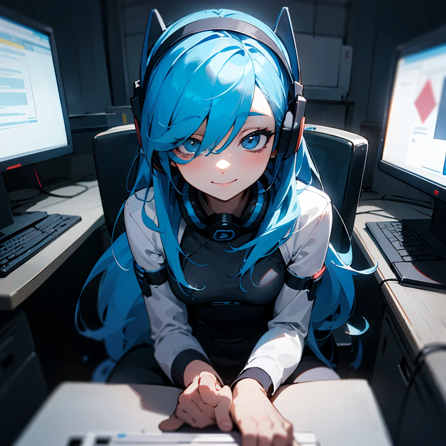 Bright blue hair beautiful girl long hair cool put headphones on your head gamer dark room secret room Facing the computer View Computer profile Small breasts Stinking eyes Only one computer makeup under eyes eyes are large Mouth is small smile