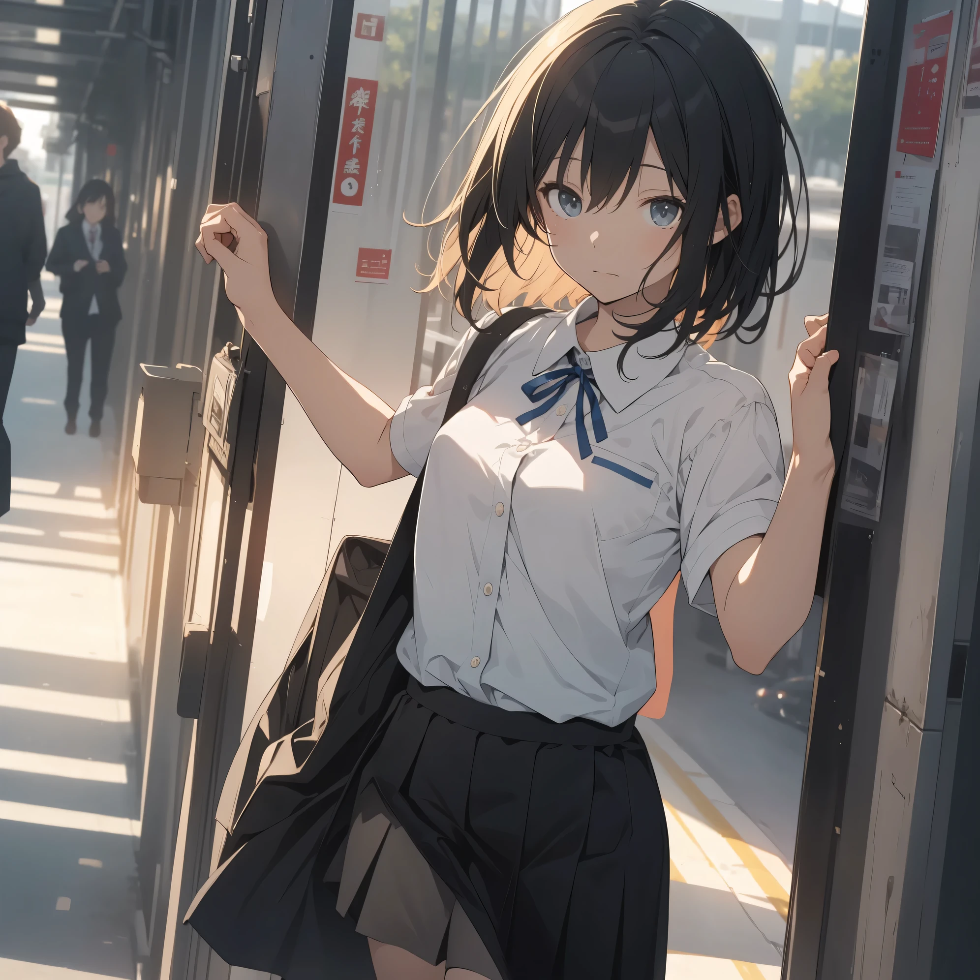 Super high quality by the art god, super detailed, High resolution, anime moe art style, best anime 8K konachan wallpaper, pixiv contest winner, perfect anatomy, break,(眠そうにalone学校へ行く女の子を描いてください. )break, 1 girl, (alone,little woman, lolita, , 13 years old:1.3),All limbs, full finger,, The charm of an immature body, (very short hair), flat chest, small ass, between legs, Small black eyes, beautiful and fine eyes, Well-proportioned iris and pupils, expressive eyes, High resolutionの詳細な髪, ribbon, skirt, collared shirt, hair ornaments, neck ribbon, pleated skirt, school uniform, shirt, white shirt, (detailed lighting), (detailed background), On the way to school. break,super dense skin, Best lighting by famous artists, 8K, figure,UHD, rough skin
