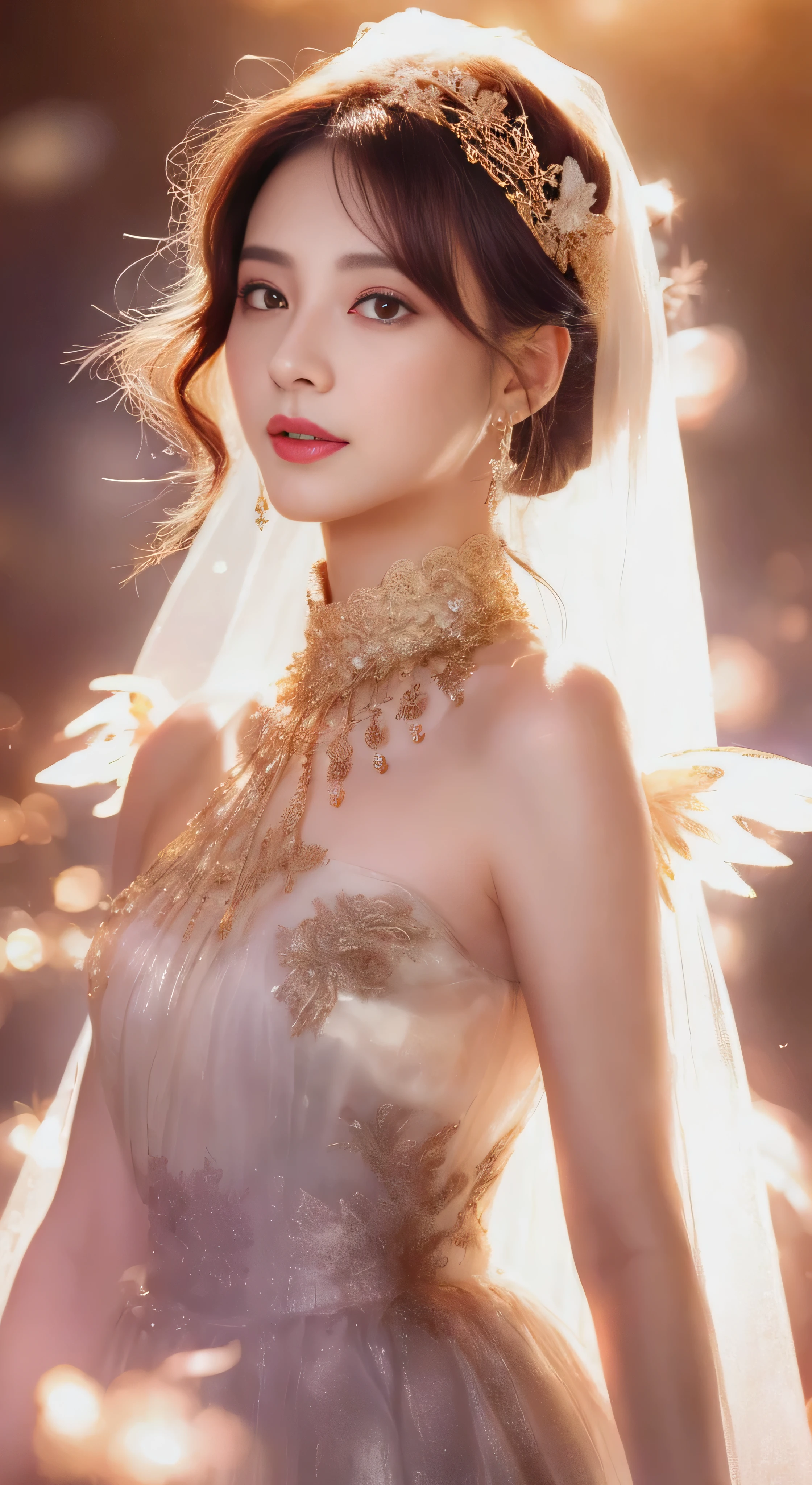 castle in the distance、face is in front、look at the camera、profile、8K、real photos、ultra high resolution, master parts, highest quality, ticker , cinematic images,nice girl、Ann、16 only、Annグロサクソン、double eyelid、droopy eyes、very big eyes、eyes are purple、dark eye shadow、lips are very thin、The tip of your nose grows beautifully.......................................................、small nose,,,,, very detailed , silver hair、straight short hair、smile、 sweet expression 、)、very clear shadows , jewelry , fine eyes, extremely difficult, shiny skin , パーフェクトブリリAnnト, perfect sentence, dramatic shadow、white tiara on head、gold necklace around neck、White aristocratic dress with gold embroidery、glass high heels、angel wings