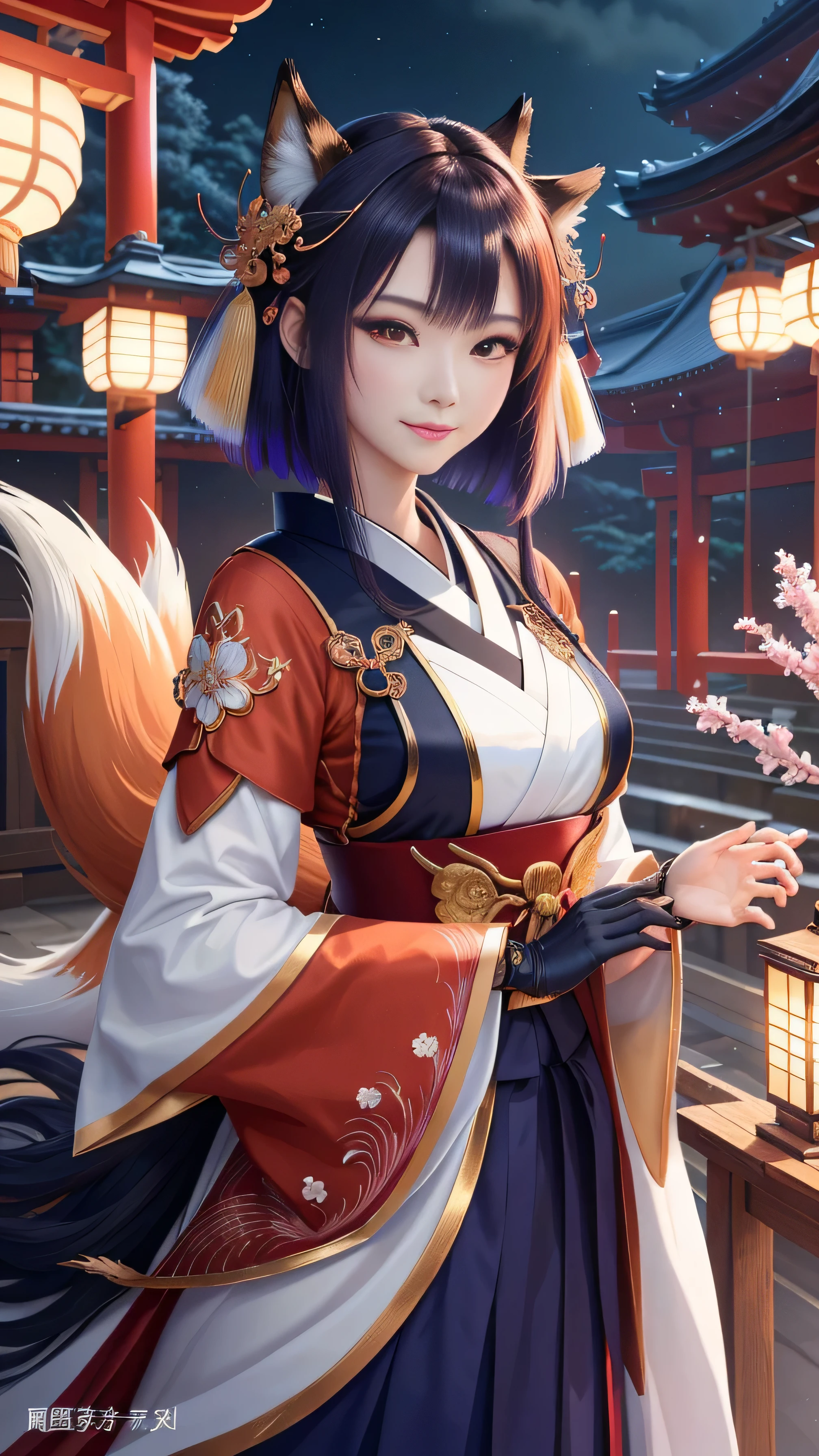 masterpiece , highest quality,close up of face,smile,colorful hair,Sharp contrast,whole body,Only one person,precision quality,beautiful short hair, masterpiece, japanese architectureの背景,beautiful details, colorful, delicate details, delicate lips, intricate details, genuine, ultrargenuineista, 枝に座っている色とりどりの髪のFoxを持つ女の子:mature, bright eyes, ,色とりどりのFox, Raposa the Nine Tails, 三尾Fox, 三尾Fox, Onmyoji detailed art, beautiful fine art illustration, mythical creatures, Fox, beautiful digital art,shrine maiden,japanese architecture,Holding hands,exquisite digital illustration, mizutsune, Inspired by mythical wild nest creatures, pixiv in digital art, dazzling light, high contrast, Mysterious,