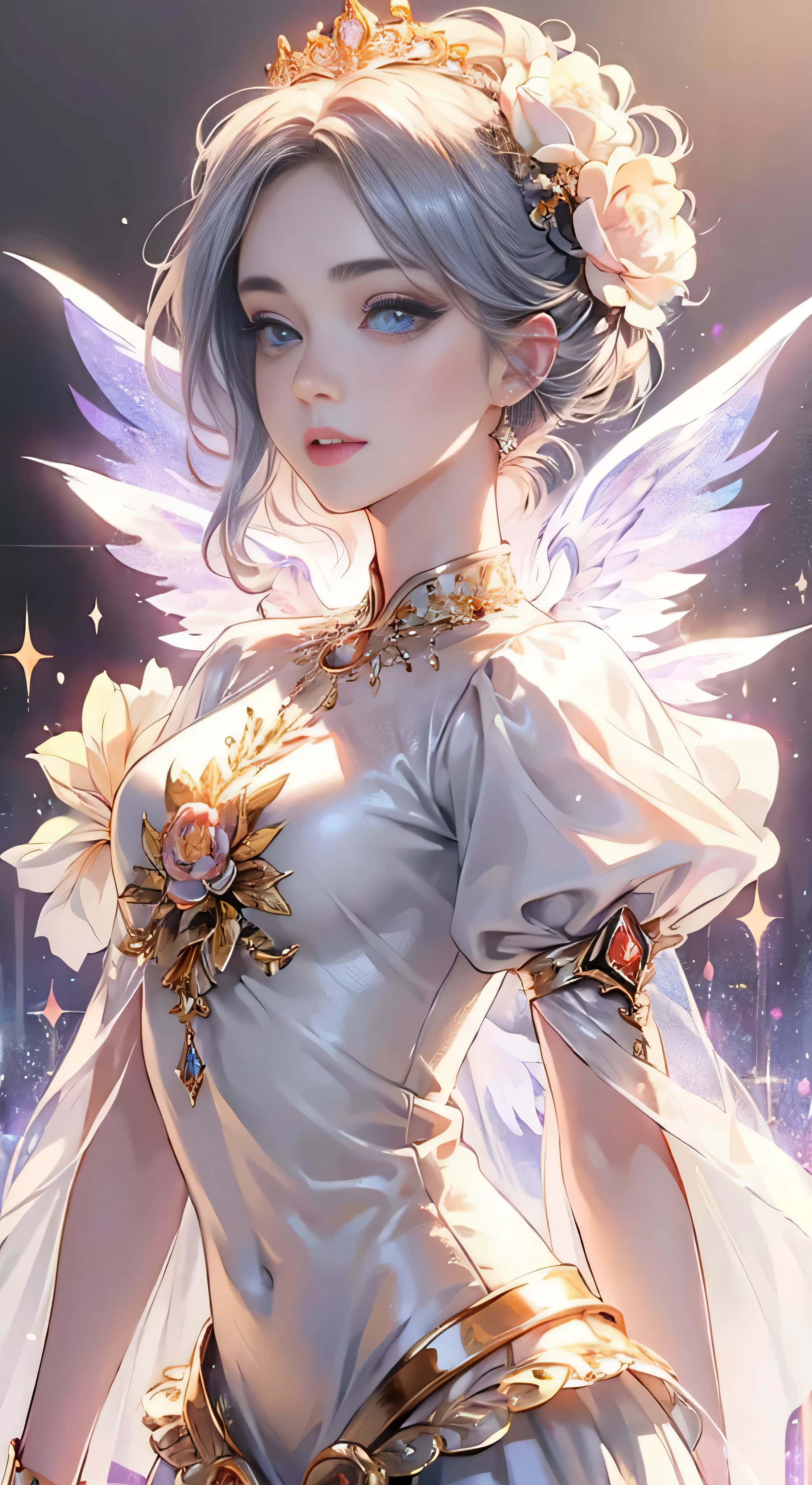 castle in the distance、face is in front、look at the camera、profile、8K、real photos、ultra high resolution, master parts, highest quality, ticker , cinematic images,nice girl、Ann、16 only、Annグロサクソン、double eyelid、droopy eyes、very big eyes、eyes are purple、dark eye shadow、lips are very thin、The tip of your nose grows beautifully.......................................................、small nose,,,,, very detailed , silver hair、straight short hair、smile、 sweet expression 、)、very clear shadows , jewelry , fine eyes, extremely difficult, shiny skin , パーフェクトブリリAnnト, perfect sentence, dramatic shadow、white tiara on head、gold necklace around neck、White aristocratic dress with gold embroidery、glass high heels、angel wings