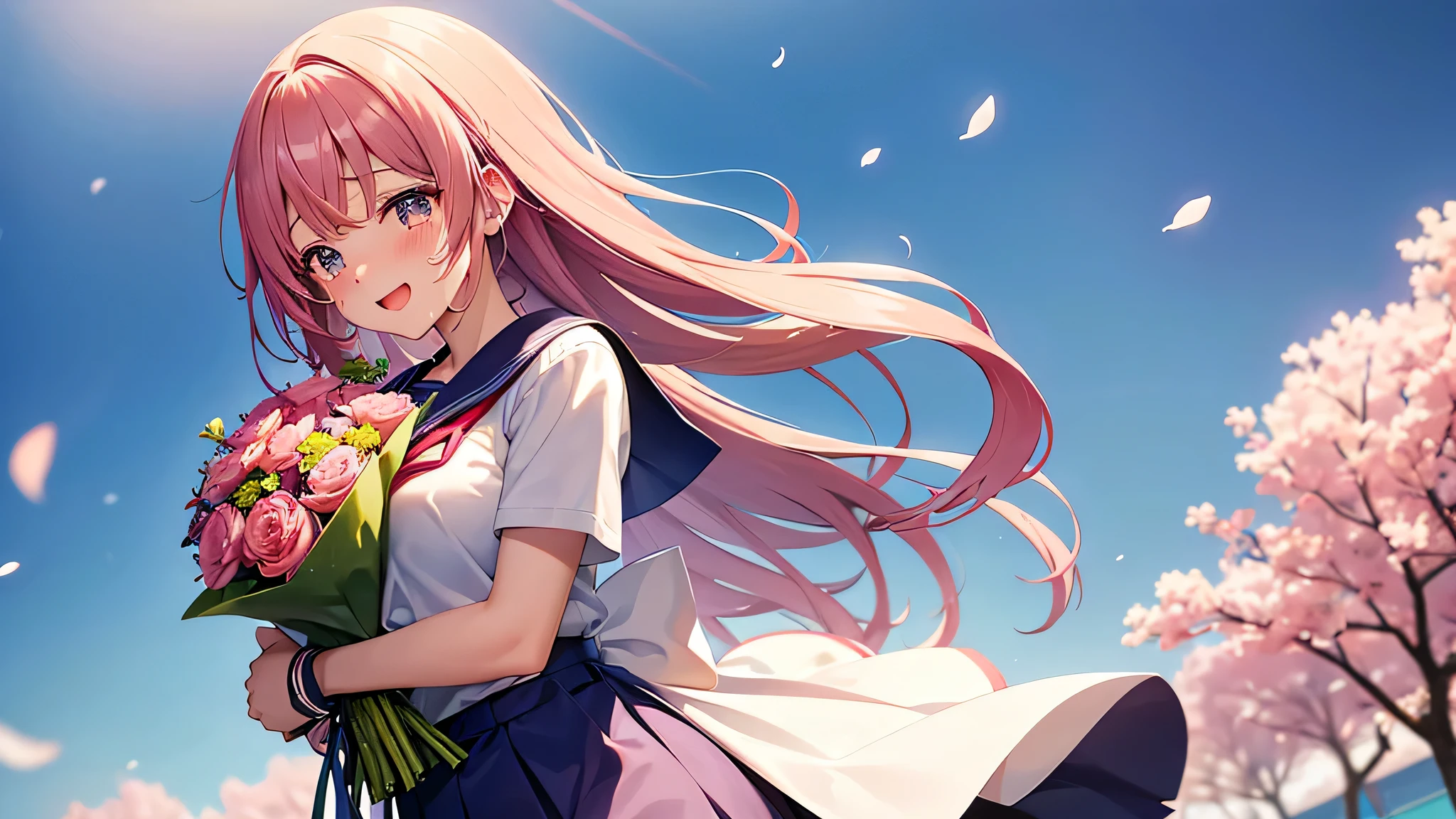 her graduation day. Fun anime style girl with flowing hair, Tie with ribbons, She is holding a bouquet of colorful flowers and crying happy tears. She is wearing a school uniform with a sailor collar and a ribbon tied in the front.。. The background is an auspicious scene with dancing pink cherry blossoms.,  and soft, Pastel colored light creates a warm atmosphere, sunny day. The girl&#39;s expression shows an overwhelming sense of happiness.、Represents an important milestone victory achieved.
