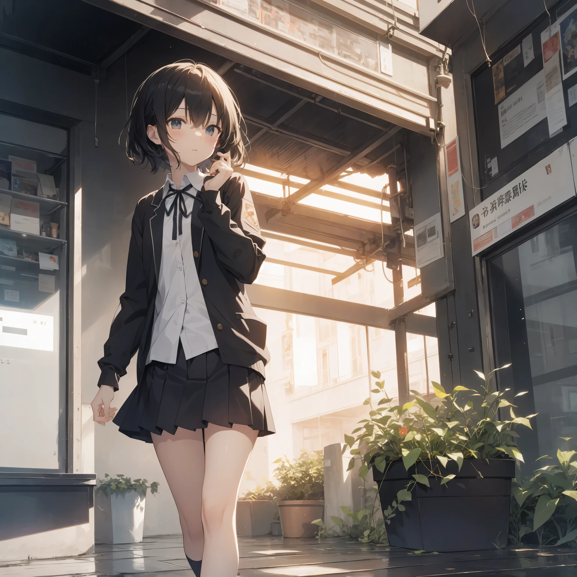 Super high quality by the art god, super detailed, High resolution, anime moe art style, best anime 8K konachan wallpaper, pixiv contest winner, perfect anatomy, break,(Please draw a girl walking sleepily to school alOne. )break, 1 girl, (alone,little woman, lolita, , 13 years old:1.3),All limbs, full finger,, The charm of an immature body, (very short hair), hair_that's all_One_eye, flat chest, small ass, between legs, small black eyes, beautiful detailed eyes, well-proportiOned iris and pupils, expressive eyes, highres detailed hair, skirt, collared shirt, neck ribbon, pleated skirt, school uniform, shirt, white shirt, (detailed lighting), (detailed background), On the way to school. break,super dense skin, Best lighting by famous artists, 8K, figure,UHD, rough skin