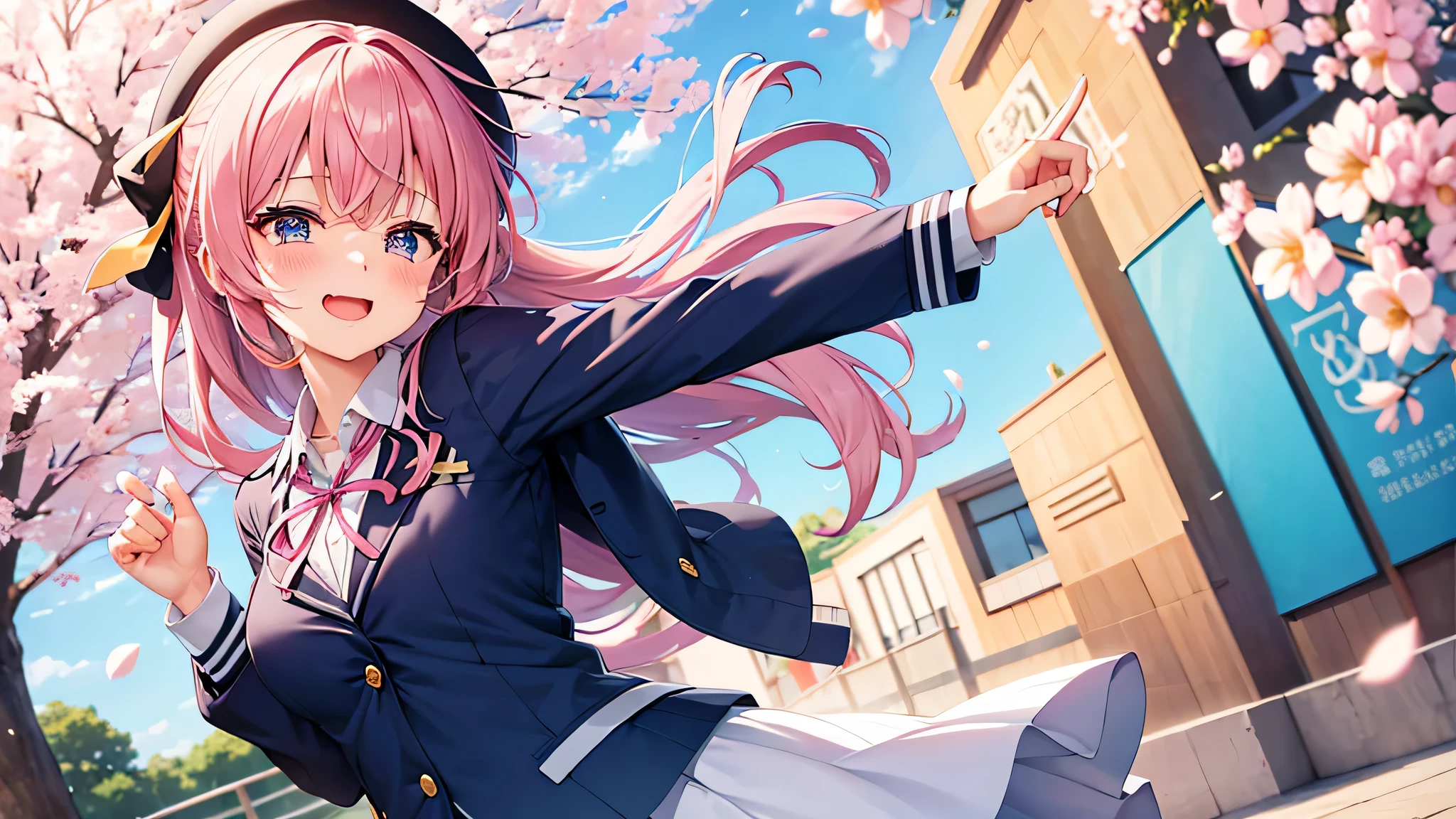 her graduation day. Fun anime style girl with flowing hair, Tie with ribbons, She is holding a bouquet of colorful flowers and crying happy tears. She is wearing a school uniform with a sailor collar and a ribbon tied in the front.。. The background is an auspicious scene with dancing pink cherry blossoms.,  and soft, Pastel colored light creates a warm atmosphere, sunny day. The girl&#39;s expression shows an overwhelming sense of happiness.、Represents an important milestone victory achieved.