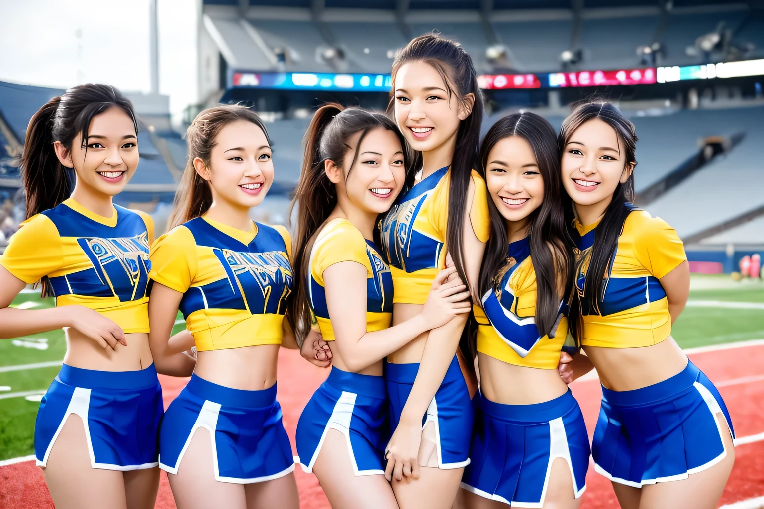 (8K、RAW photo、highest quality)、detailed background、beautiful and detailed face、beautiful and smooth skin、skin texture、professional lighting、Beautiful age girl、(5 women)、multiple women、(Cheerleader、stadium、I'm rooting for you、mini skirt)、ponytail、big breasts、
sexy costume、Sexy Uniforms、sexy costume、healthy、
smile、laughter、sexual expression、smile、healthyなふとももを強調する、healthyで美しい、show your whole body、panty shot、panty shot、open your legs、raise your legs、Show 1&#39;~ side