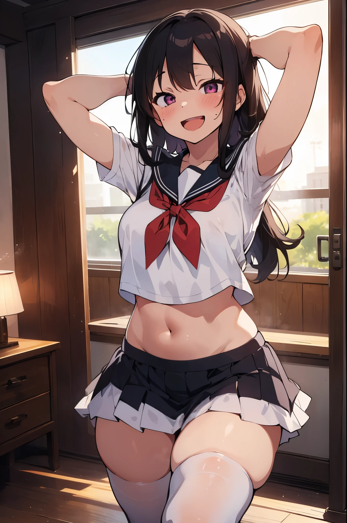 (masutepiece:1.2), (Best Quality:1.2), (high resolution:1.2),
1girl, standing, sailor suit, bare navel, super mini skirt, (arms behind head:1.5), Shake your hips lewdly,
(mean smile:1.2), (ahegao:1.2), (erotic smile:1.5), (Lewd smile:1.5), (slut:1.2), (open mouth wide:1.2), (Smile with long tongue:1.2), (steam:1.2), (blush:1.2), (ecstasy:1.2), (orgasm:1.2),
(drunken eyes:1.5), (half closed eye:1.5), (sanpaku:1.5), (slit eyes:1.2), (eyes are smiling:1.3), (smiling or laughing eyes:1.3), freak show, dark, spotlight,