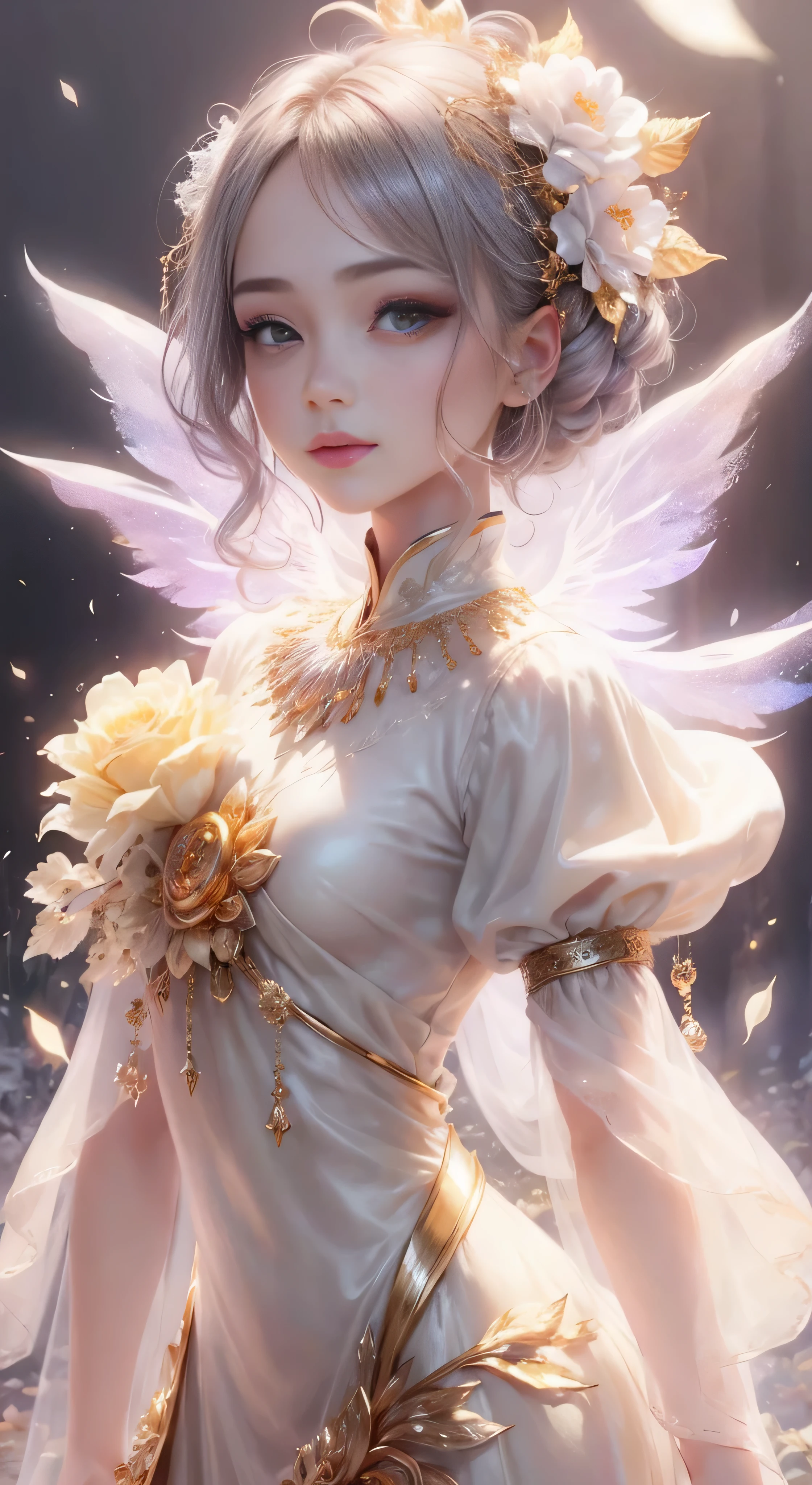 castle in the distance、face is in front、look at the camera、profile、8K、real photos、ultra high resolution, master parts, highest quality, ticker , cinematic images,nice girl、Ann、16 only、Annグロサクソン、double eyelid、droopy eyes、very big eyes、eyes are purple、dark eye shadow、lips are very thin、The tip of your nose grows beautifully.......................................................、small nose,,,,, very detailed , silver hair、straight short hair、smile、 sweet expression 、)、very clear shadows , jewelry , fine eyes, extremely difficult, shiny skin , パーフェクトブリリAnnト, perfect sentence, dramatic shadow、white tiara on head、gold necklace around neck、White aristocratic dress with gold embroidery、glass high heels、angel wings