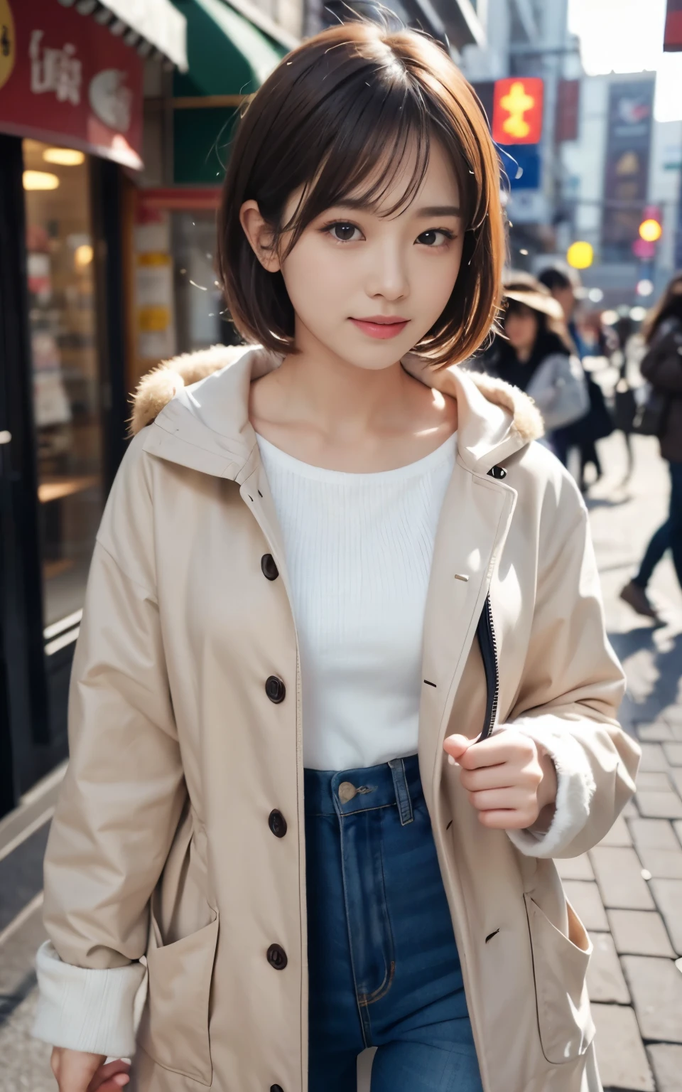 cute 21 year old japanese、clear sky、shopping、city、super detail face、pay attention to details、double eyelid、beautiful thin nose、sharp focus:1.2、Beautiful woman:1.4、(light brown hair,short hair、),pure white skin、highest quality、masterpiece、ultra high resolution、(Photoreal:1.4)、Highly detailed and professional lighting、nice smile、show your whole body、Cute coat、