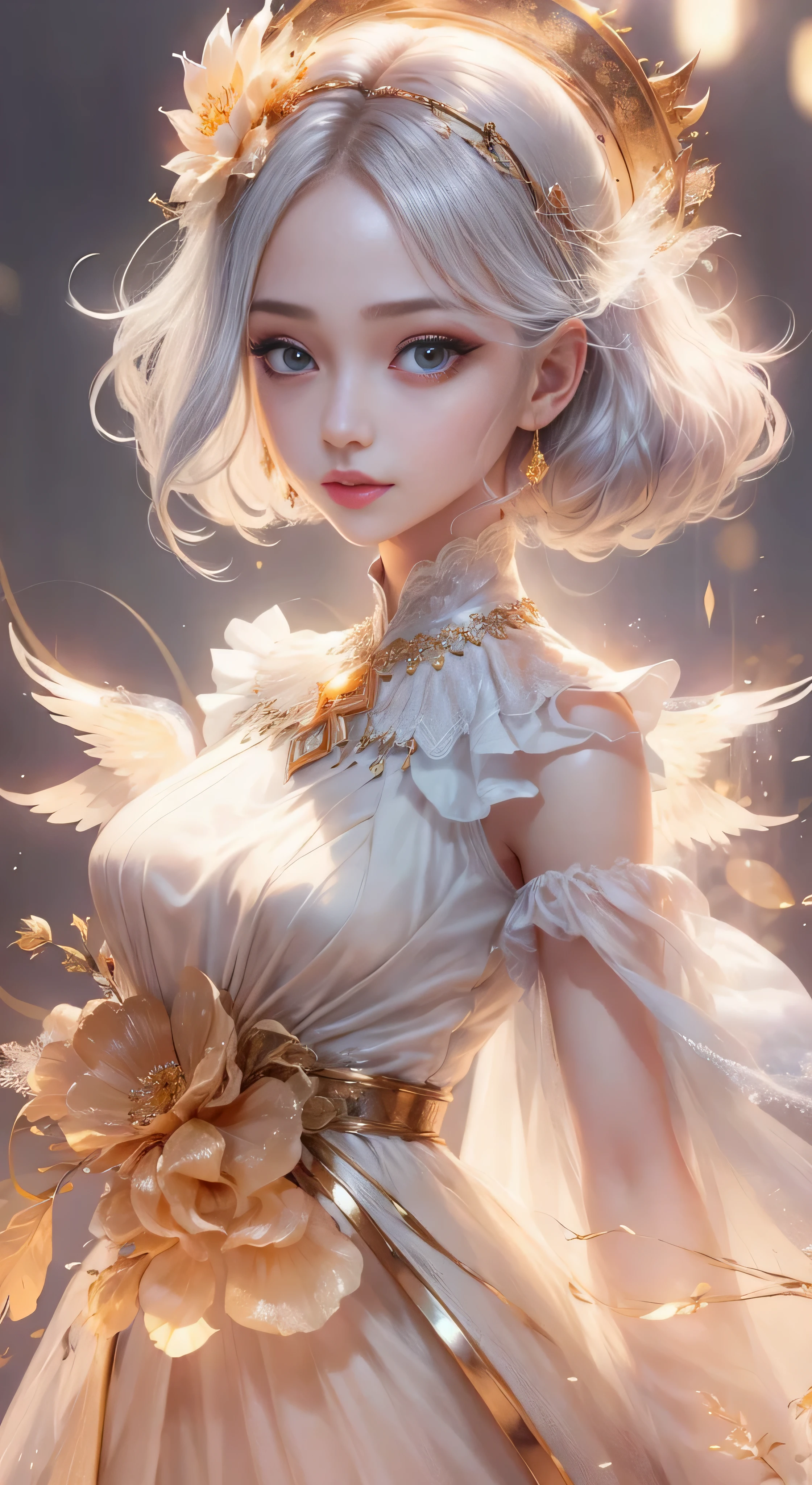 castle in the distance、face is in front、look at the camera、profile、8K、real photos、ultra high resolution, master parts, highest quality, ticker , cinematic images,nice girl、Ann、16 only、Annグロサクソン、double eyelid、droopy eyes、very big eyes、eyes are purple、dark eye shadow、lips are very thin、The tip of your nose grows beautifully.......................................................、small nose,,,,, very detailed , silver hair、straight short hair、smile、 sweet expression 、)、very clear shadows , jewelry , fine eyes, extremely difficult, shiny skin , パーフェクトブリリAnnト, perfect sentence, dramatic shadow、white tiara on head、gold necklace around neck、White aristocratic dress with gold embroidery、glass high heels、angel wings