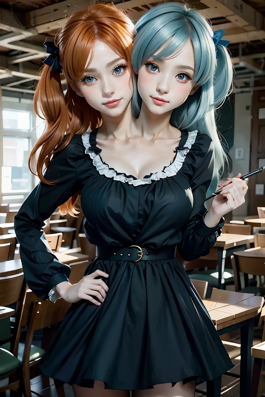 (Two heads), (masterpiece, best resolution), (2heads:1.5) woman with two heads, 1girl, with red hair and blue hair, blue dress with green eyes and a blue dress with a black belt, zerochan art, [ 4 k digital art ]!!, pixiv 3dcg, at pixiv,made with anime painter studio, anime moe artstyle, twintails, painted in anime painter studio, digital art on pixiv