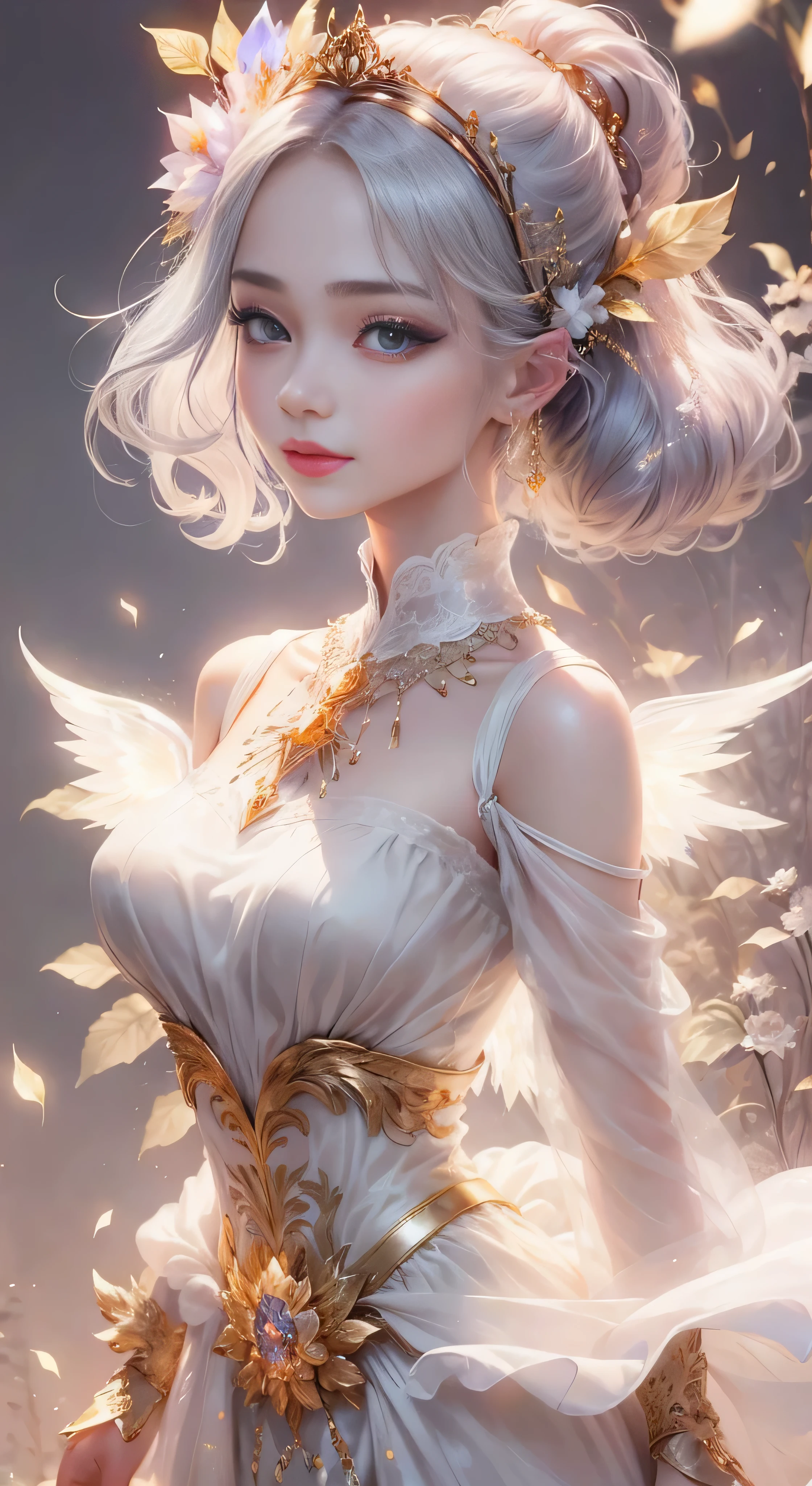 castle in the distance、face is in front、look at the camera、profile、8K、real photos、ultra high resolution, master parts, highest quality, ticker , cinematic images,nice girl、Ann、16 only、Annグロサクソン、double eyelid、droopy eyes、very big eyes、eyes are purple、dark eye shadow、lips are very thin、The tip of your nose grows beautifully.......................................................、small nose,,,,, very detailed , silver hair、straight short hair、smile、 sweet expression 、）、very clear shadows , jewelry , fine eyes, extremely difficult, shiny skin , パーフェクトブリリAnnト, perfect sentence, dramatic shadow、white tiara on head、gold necklace around neck、White aristocratic dress with gold embroidery、glass high heels、angel wings