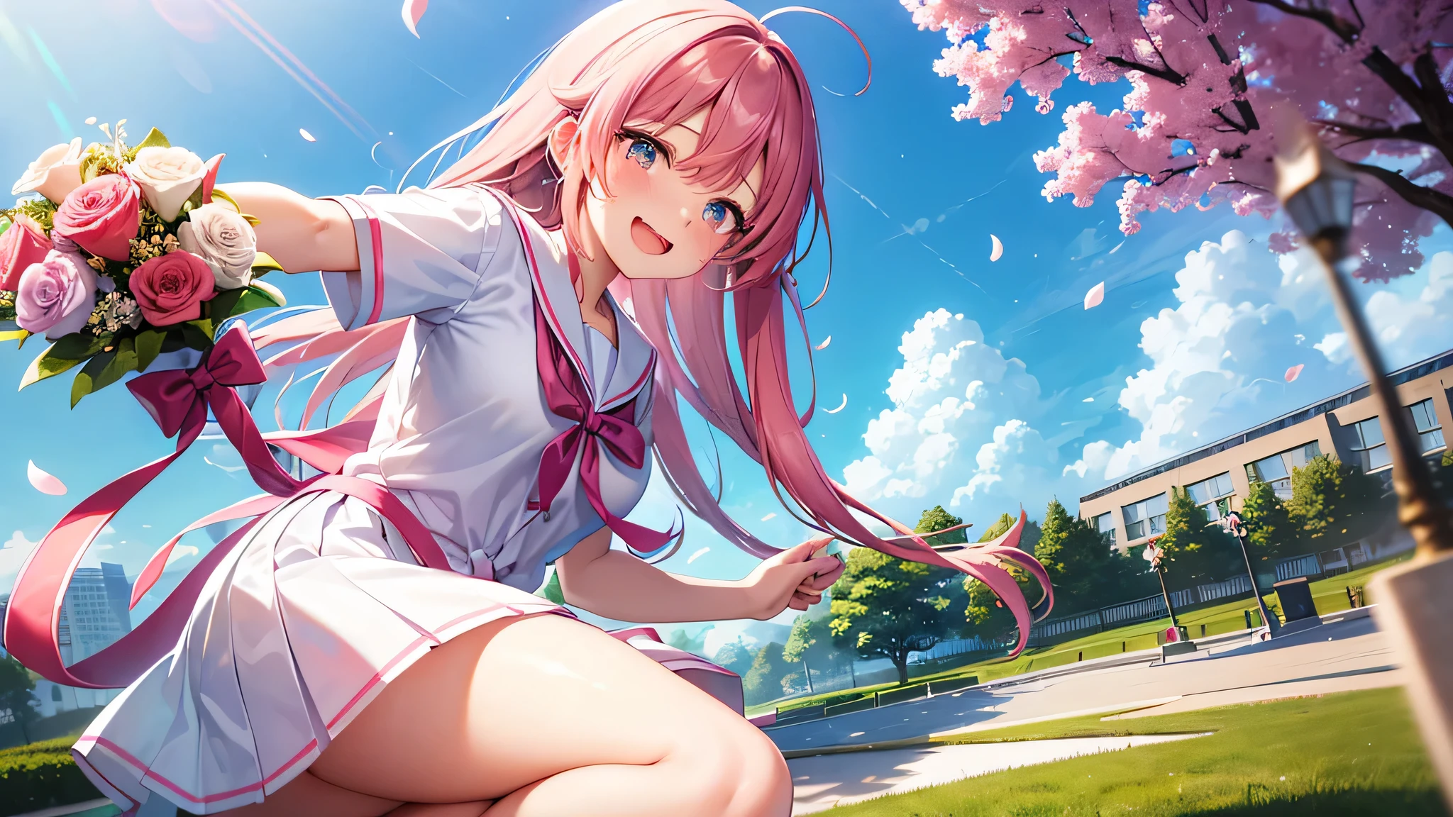 her graduation day. Fun anime style girl with flowing hair, Tie with ribbons, She is holding a bouquet of colorful flowers and crying happy tears. She is wearing a school uniform with a sailor collar and a ribbon tied in the front.。. The background is an auspicious scene with dancing pink cherry blossoms.,  and soft, Pastel colored light creates a warm atmosphere, sunny day. The girl&#39;s expression shows an overwhelming sense of happiness.、Represents an important milestone victory achieved.