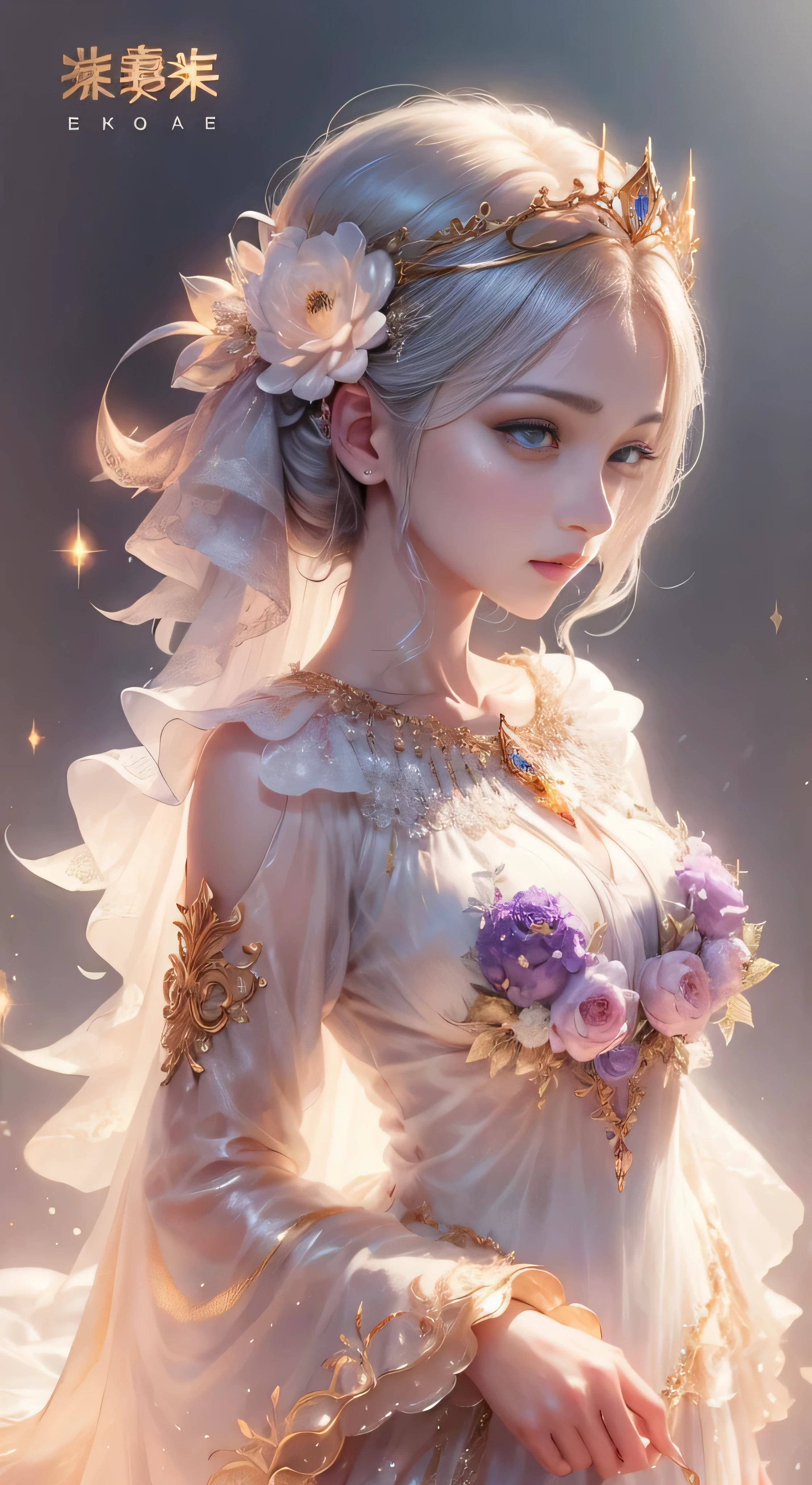 castle in the distance、face is in front、look at the camera、profile、8K、real photos、ultra high resolution, master parts, highest quality, ticker , cinematic images,nice girl、Ann、16 only、Annグロサクソン、double eyelid、droopy eyes、very big eyes、eyes are purple、dark eye shadow、lips are very thin、The tip of your nose grows beautifully.......................................................、small nose,,,,, very detailed , silver hair、straight short hair、smile、 sweet expression 、）、very clear shadows , jewelry , fine eyes, extremely difficult, shiny skin , パーフェクトブリリAnnト, perfect sentence, dramatic shadow、white tiara on head、gold necklace around neck、White aristocratic dress with gold embroidery、glass high heels、angel wings