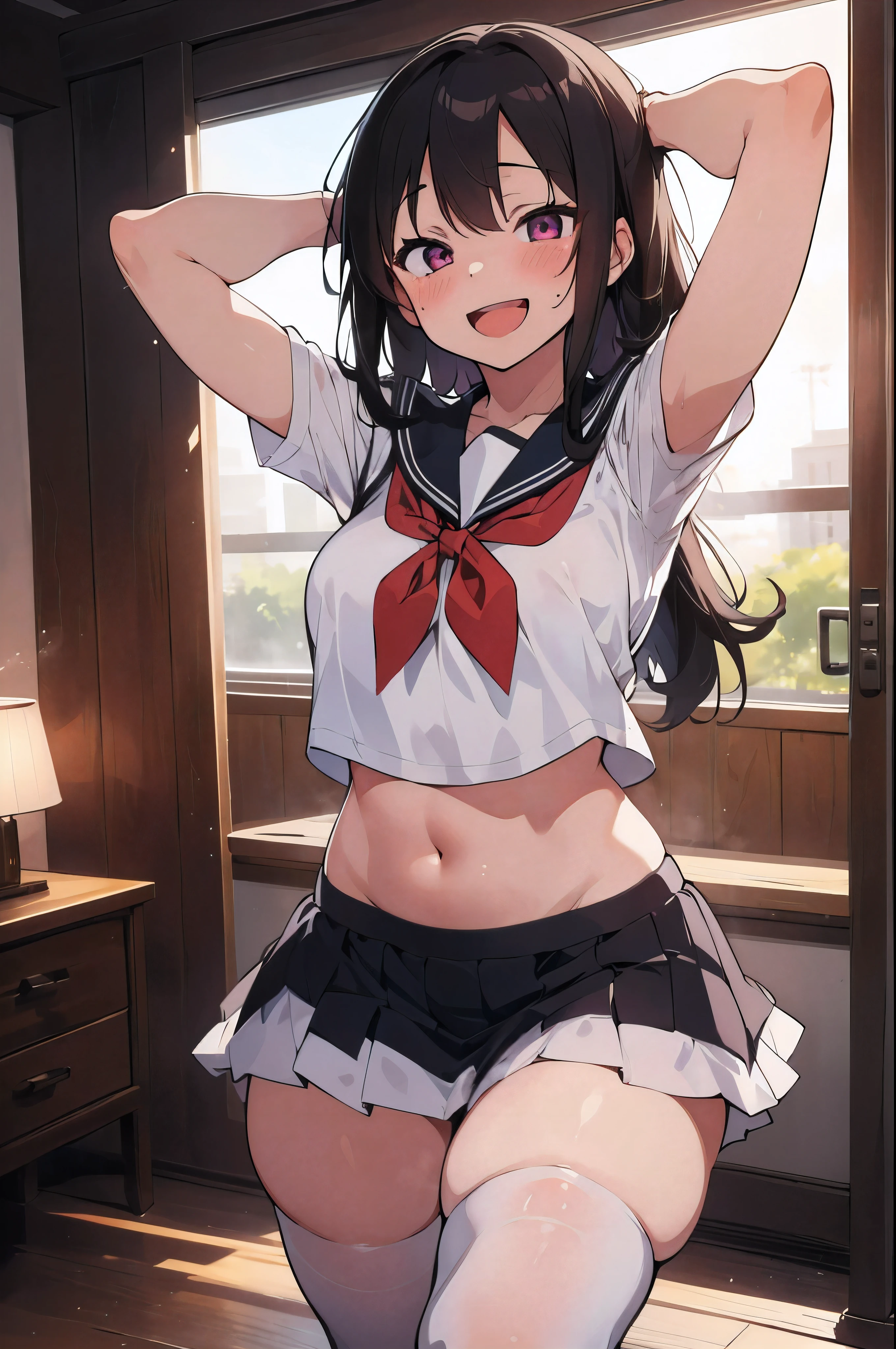 (table top:1.2), (highest quality:1.2), (High resolution:1.2), 
1 girl, Are standing, sailor suit, navel only, super mini skirt, (arm behind head:1.5), Shake your hips naughtily,
(wicked smile:1.2), (Ahegao:1.2), (erotic smile:1.5), (sneaky smile:1.5), (Last:1.2), (open your mouth wide:1.2), (smile with a long tongue:1.2), (vapor:1.2), (blush:1.2), (ecstasy:1.2), (orgasm:1.2), 
(drunk eyes:1.5), (Half-eyes closed:1.5), (sanpaku:1.5), (long eyes:1.2), (eyes are smiling:1.3), (smiling or laughing eyes:1.3), spectacle, dark, Spotlight, 