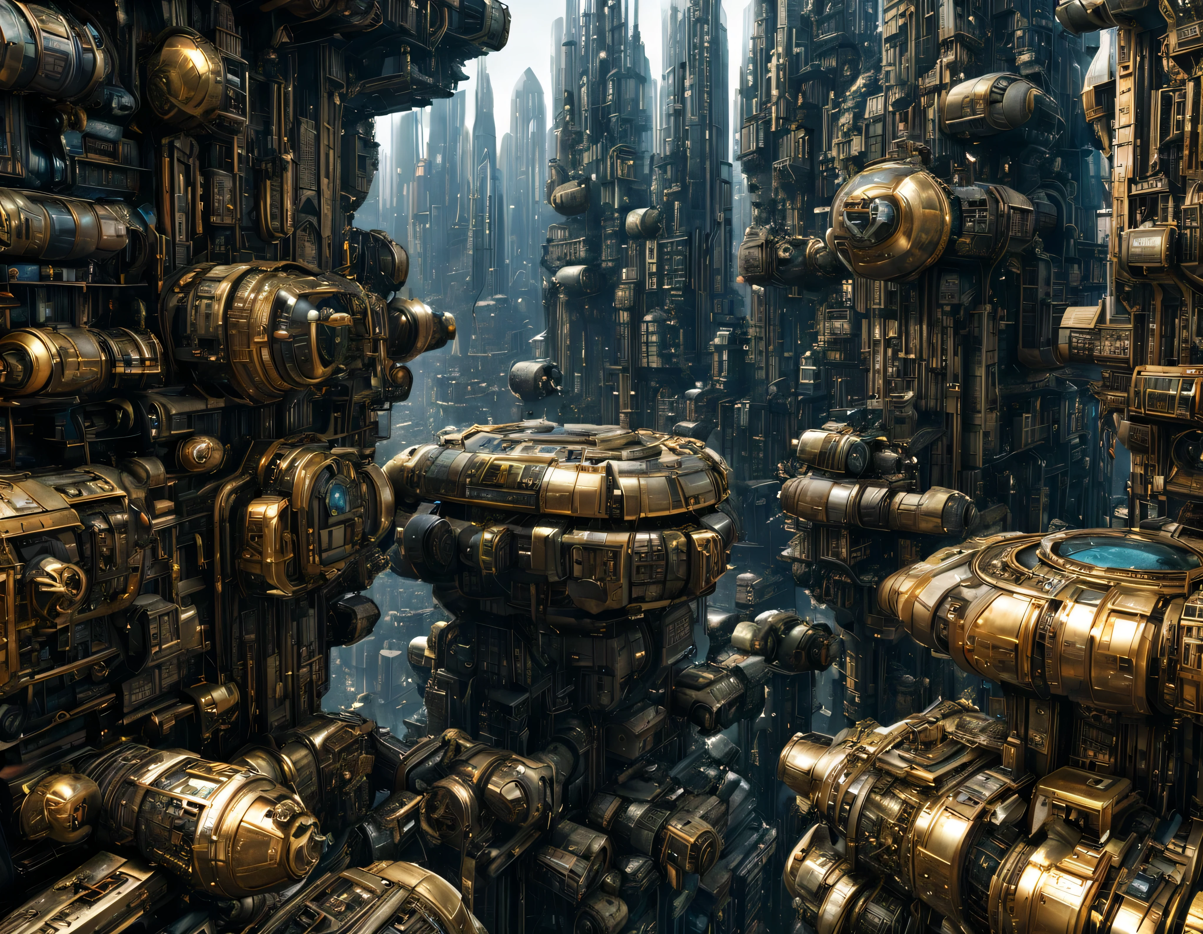 megacity, megalopolis of an imaginary world of science fiction and maximum fantasy, con inmensos edificios ovalados agrupados de metal y cristal donde predomina el oro. imagen bien definida 8k, (intrincados detalles de la maquina), con muchos edificios juntos.(obra maestra de superior calidad).(imagen fotorrealista), nitidez absoluta hasta el fondo.
