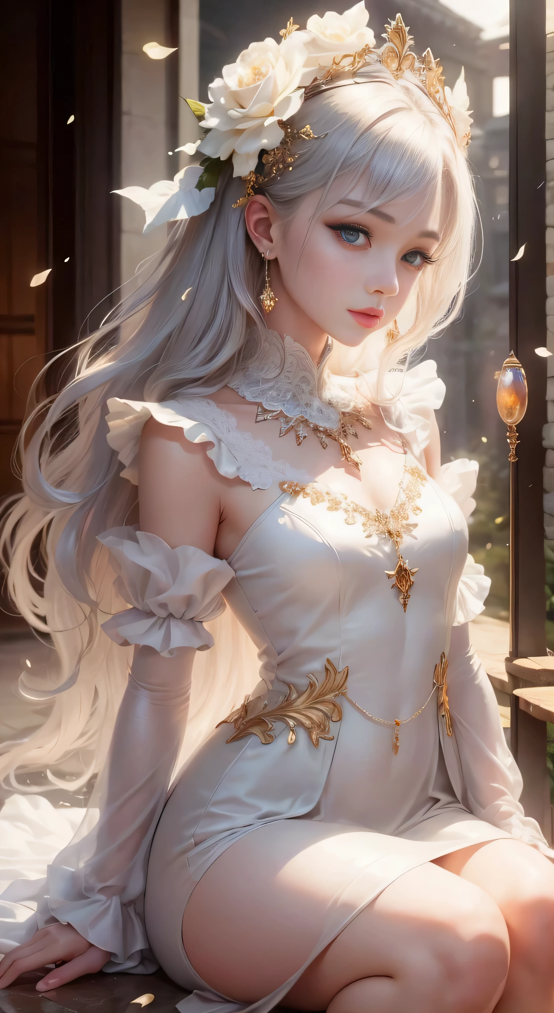 castle in the distance、face is in front、look at the camera、profile、8K、real photos、ultra high resolution, master parts, highest quality, ticker , cinematic images,nice girl、Ann、16 only、Annグロサクソン、double eyelid、droopy eyes、very big eyes、eyes are purple、dark eye shadow、lips are very thin、The tip of your nose grows beautifully.......................................................、small nose,,,,, very detailed , silver hair、straight short hair、smile、 sweet expression 、)、very clear shadows , jewelry , fine eyes, extremely difficult, shiny skin , パーフェクトブリリAnnト, perfect sentence, dramatic shadow、white tiara on head、Gold necklace around the neck、White aristocratic dress with gold embroidery、glass high heels、angel wings