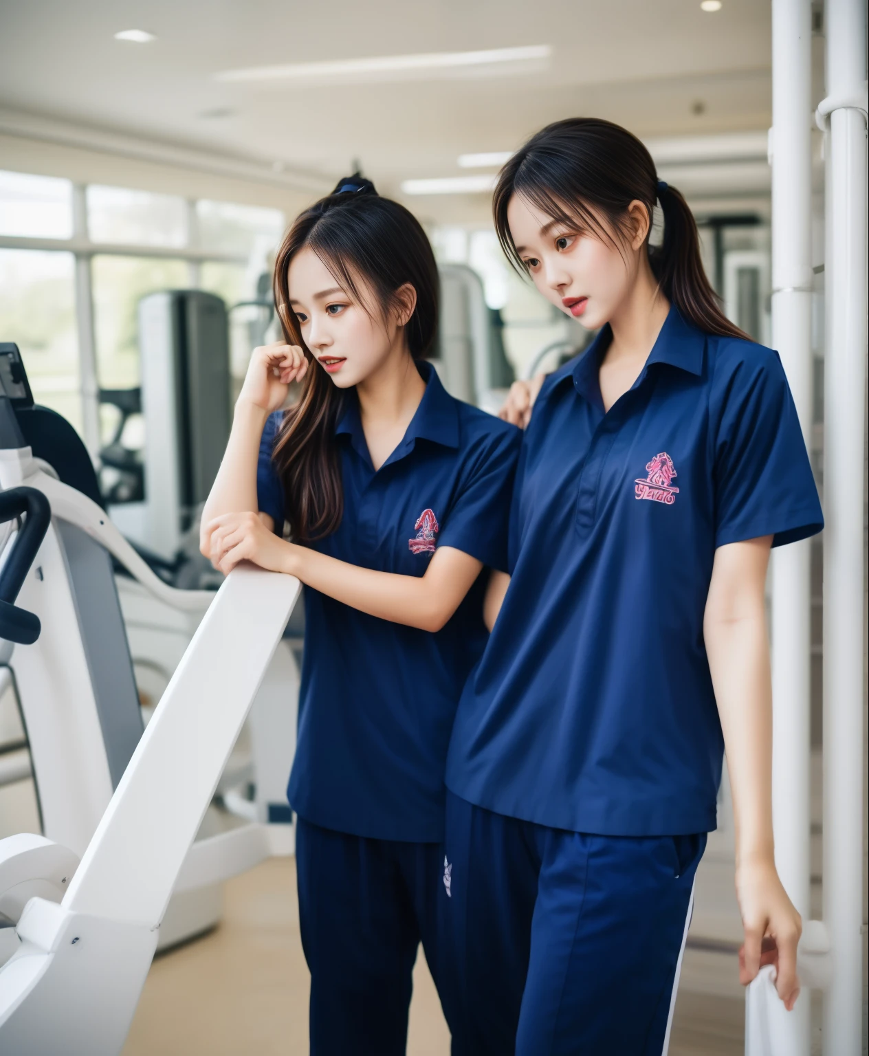 3 girls in fitness center, Navy blue short-sleeved shirt,Navy Long Trackpant,Sweatpants, Sweatpantsขายาว,25 year old girl, lesbian, sexy, exercise clothes, wet body, exercise clothes