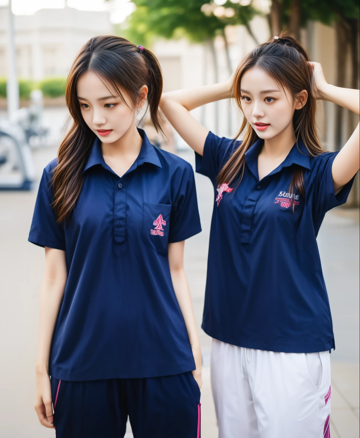 3 girls in fitness center, Navy blue short-sleeved shirt,Navy Long Trackpant,Sweatpants, Sweatpantsขายาว,25 year old girl, lesbian, sexy, exercise clothes, wet body, exercise clothes