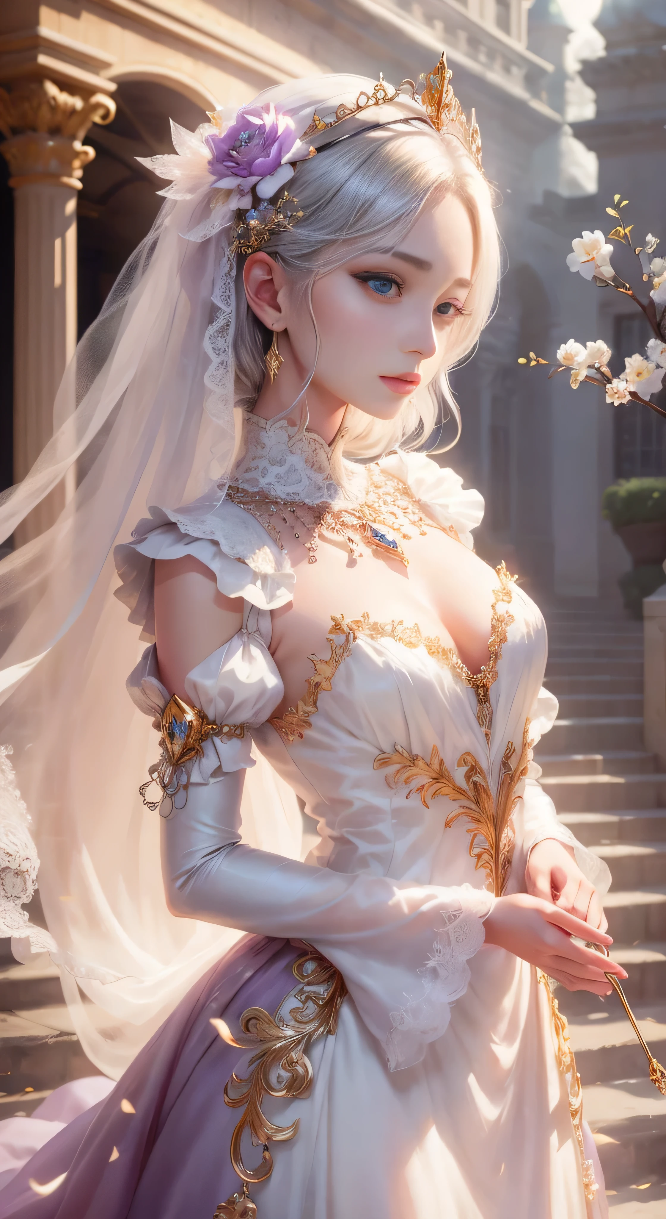 castle in the distance、face is in front、look at the camera、profile、8K、real photos、ultra high resolution, master parts, highest quality, ticker , cinematic images,nice girl、Ann、16 only、Annグロサクソン、double eyelid、droopy eyes、very big eyes、eyes are purple、dark eye shadow、lips are very thin、The tip of your nose grows beautifully.......................................................、small nose,,,,, very detailed , silver hair、straight short hair、smile、 sweet expression 、）、very clear shadows , jewelry , fine eyes, extremely difficult, shiny skin , パーフェクトブリリAnnト, perfect sentence, dramatic shadow、white tiara on head、Gold necklace around the neck、White aristocratic dress with gold embroidery、glass high heels、angel wings