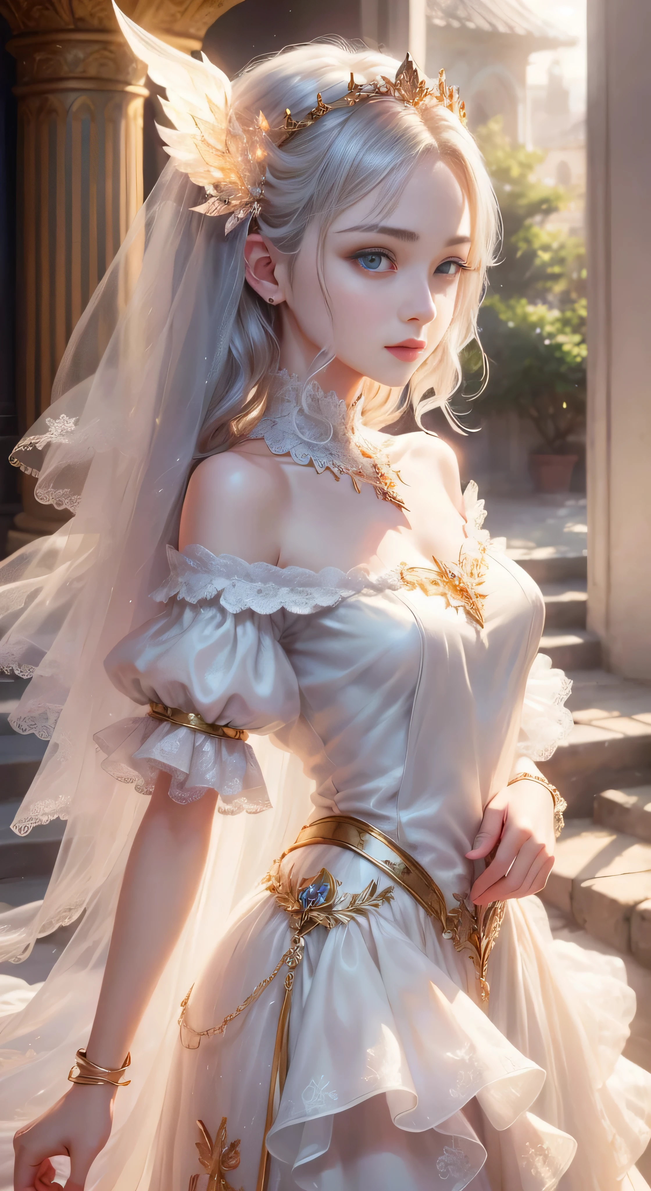castle in the distance、face is in front、look at the camera、profile、8K、real photos、ultra high resolution, master parts, highest quality, ticker , cinematic images,nice girl、Ann、16 only、Annグロサクソン、double eyelid、droopy eyes、very big eyes、eyes are purple、dark eye shadow、lips are very thin、The tip of your nose grows beautifully.......................................................、small nose,,,,, very detailed , silver hair、straight short hair、smile、 sweet expression 、)、very clear shadows , jewelry , fine eyes, extremely difficult, shiny skin , パーフェクトブリリAnnト, perfect sentence, dramatic shadow、white tiara on head、Gold necklace around the neck、White aristocratic dress with gold embroidery、glass high heels、angel wings
