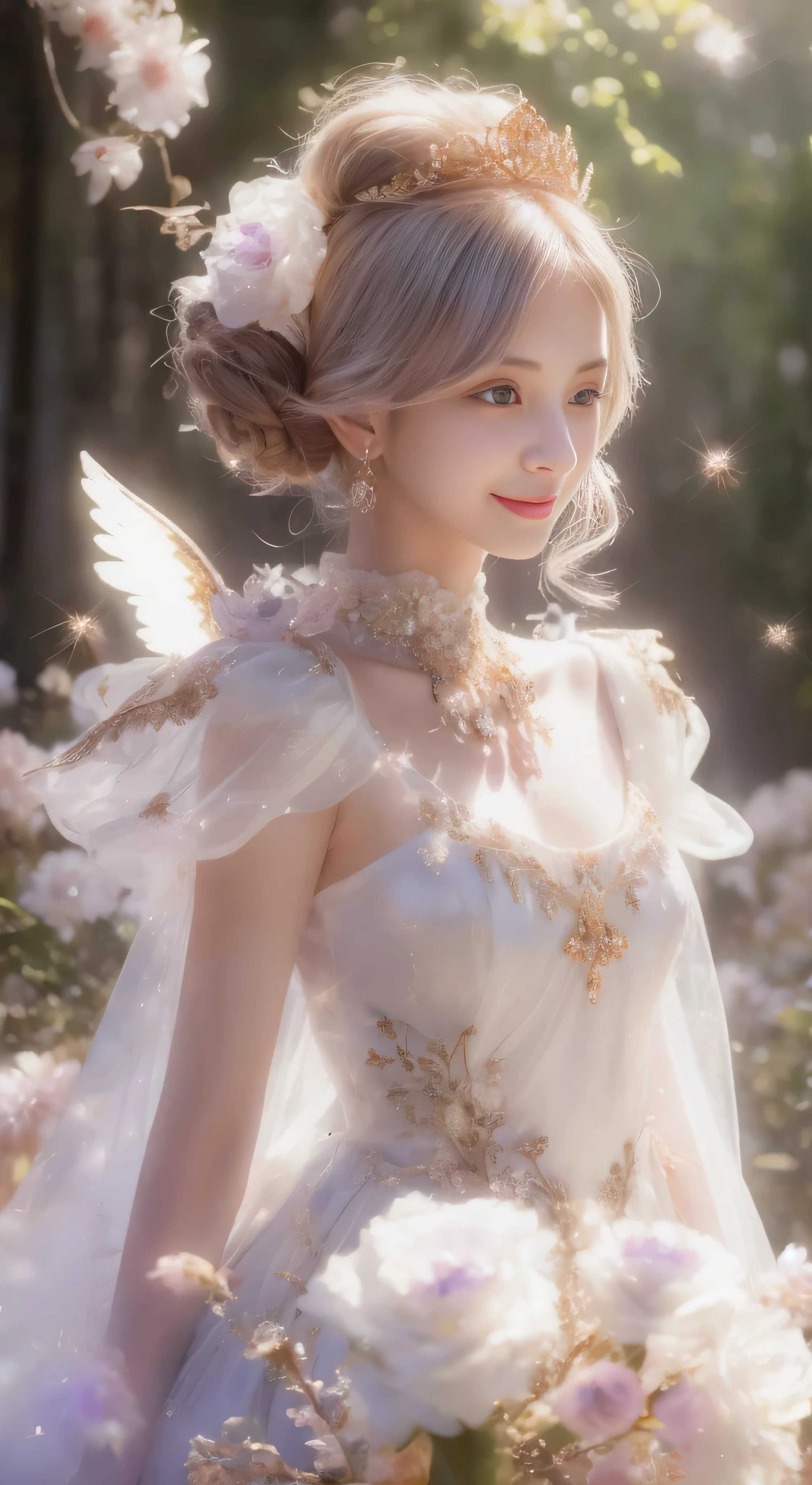 castle in the distance、face is in front、look at the camera、profile、8K、real photos、ultra high resolution, master parts, highest quality, ticker , cinematic images,nice girl、Ann、16 only、Annグロサクソン、double eyelid、droopy eyes、very big eyes、eyes are purple、dark eye shadow、lips are very thin、The tip of your nose grows beautifully.......................................................、small nose,,,,, very detailed , silver hair、straight short hair、smile、 sweet expression 、)、very clear shadows , jewelry , fine eyes, extremely difficult, shiny skin , パーフェクトブリリAnnト, perfect sentence, dramatic shadow、white tiara on head、Gold necklace around the neck、White aristocratic dress with gold embroidery、glass high heels、angel wings
