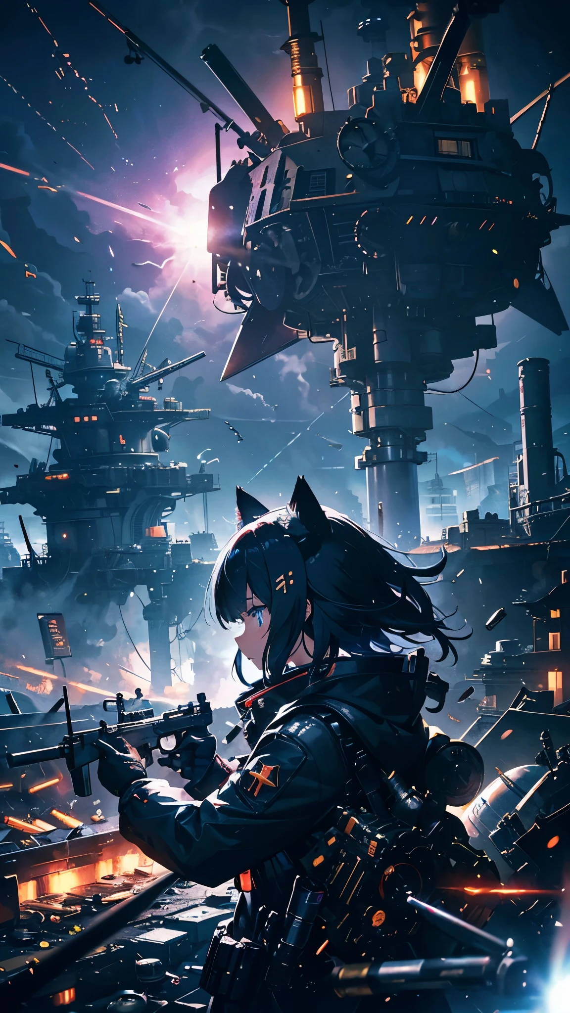Cat ears, bushy tails, A world of mechanical space gears, a woman in a white hat (a familiar face), single-shot guns, improvised guns, complicated gimmicks, complicated gears, black gloves, ballistic smoke, rolling shell casings, and unidentified objects. fantasy world. Target standard firing direction, cool expression, lightning, smoke, gas, Devastation (single bullet: 1.5) black, white, red, alert eyes, epic, Celestia, a collapsed world that no one knows about, a cute world.