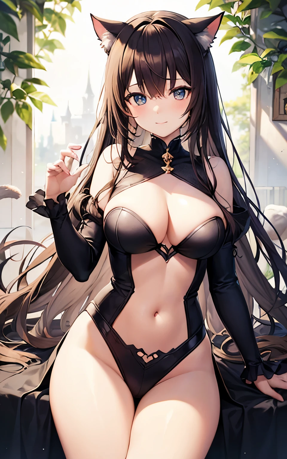 best quality, cute cat ears girl, Cute fantasy world lightly dressed, fantasy world, smooth skin, 