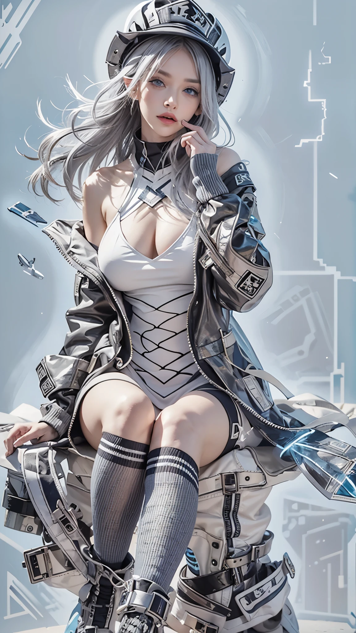 fashion brand collection, highly detailed, beautiful, masterpiece, best quality, Geometric style, abstract beauty,1 girl, 150cm, Full-body muscle, (all body shot, sitting and posing:1.3), dynamic pose, approaching perfection, digital painting, artstation, (concept art:1.3), illustration, white and black colors, Geometric patterns, abstract forms, Complex, surreal, BREAK latex, Glossy, Liquid, rubber, (casual fashion and Cyber taste fashion), Coexistence of baggy and Tight wear, baggy sleeve, Scattered geometry, Face mask, Sports cap, (long length muffler), (striped Socks with zettai ryouiki:1.2), boots taste Sneaker, Artistic complicated background, (gray hair, blue eyes, white lightning:1.3),