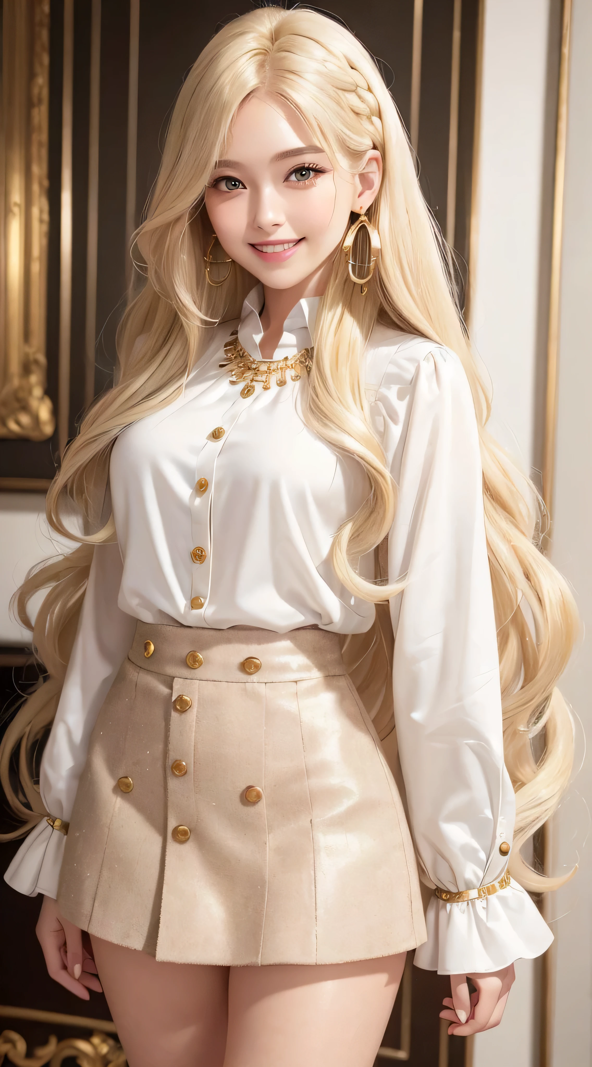 European and American women, Fashion Model, Wearing a white fluffy dress, Glamour, blonde hair, brown eyes, 8K, high quality, masterpiece, 最high quality, HD, very detailed、voluminous lighting, photorealistic、((Super long blonde hair:1.2))((Hair with loose waves inside:1.2)),((gold necklace_Large earrings:1.2)),((white long sleeve button blouse_brown tweed miniskirt:1.3)),((shy smile:1.3)),