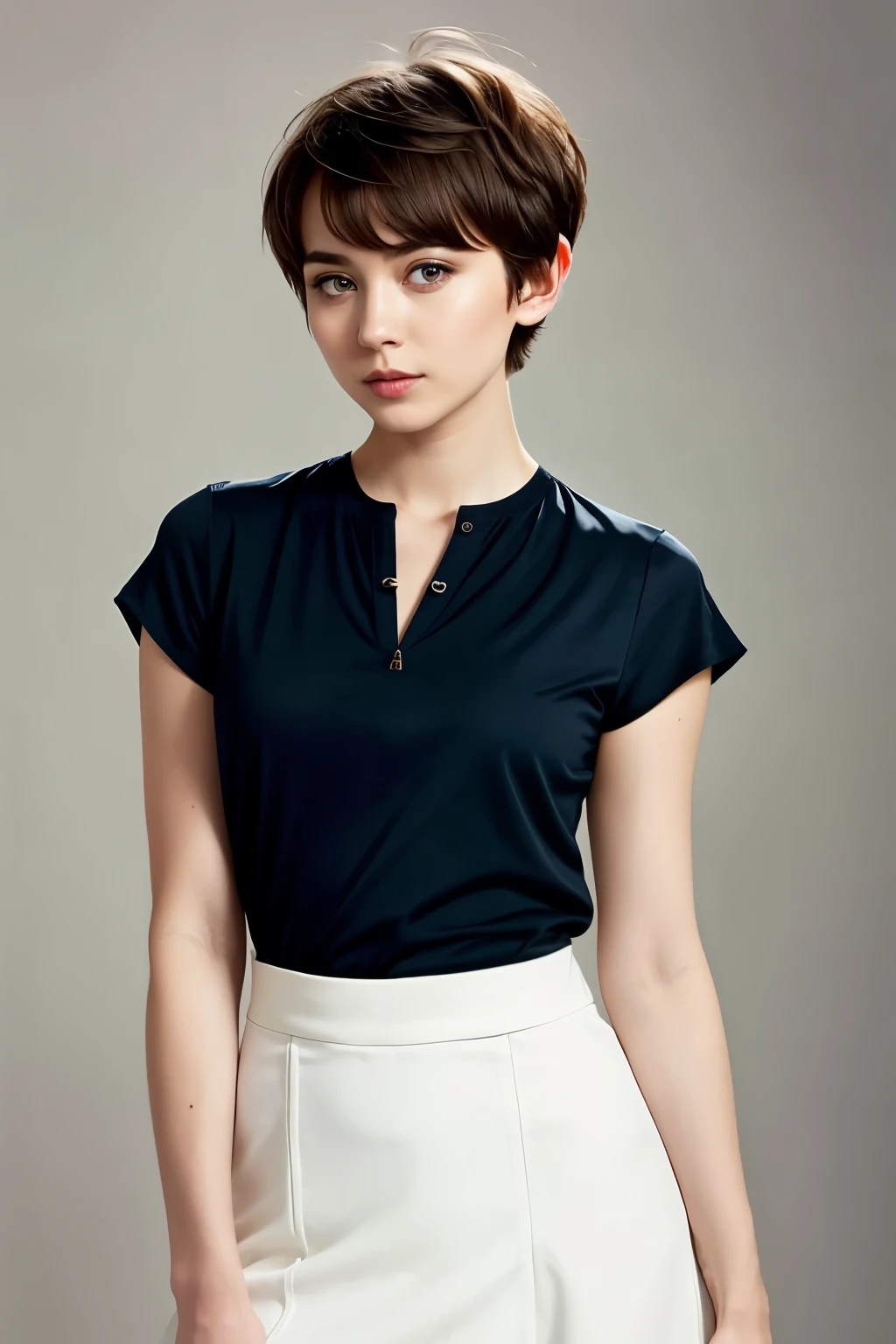 Masterpiece, a striking 21-year-old Swedish girl, ((Audrey Hepburn:Emma Stone:0.5)), ((full-body:1.0)), ((Pixie hair cut:1.1)), wearing an above-the-belly-button t-shirt that beautifully accents her figure, a miniskirt that complements her silhouette, (high-resolution:1.3), capturing every intricate detail of her eyes, 8K Ultra HD, (centered and symmetric face:1.2), emoting an S-shape pose that oozes confidence and grace. The vivid colors of her blouse and the subtle texture of her minisk