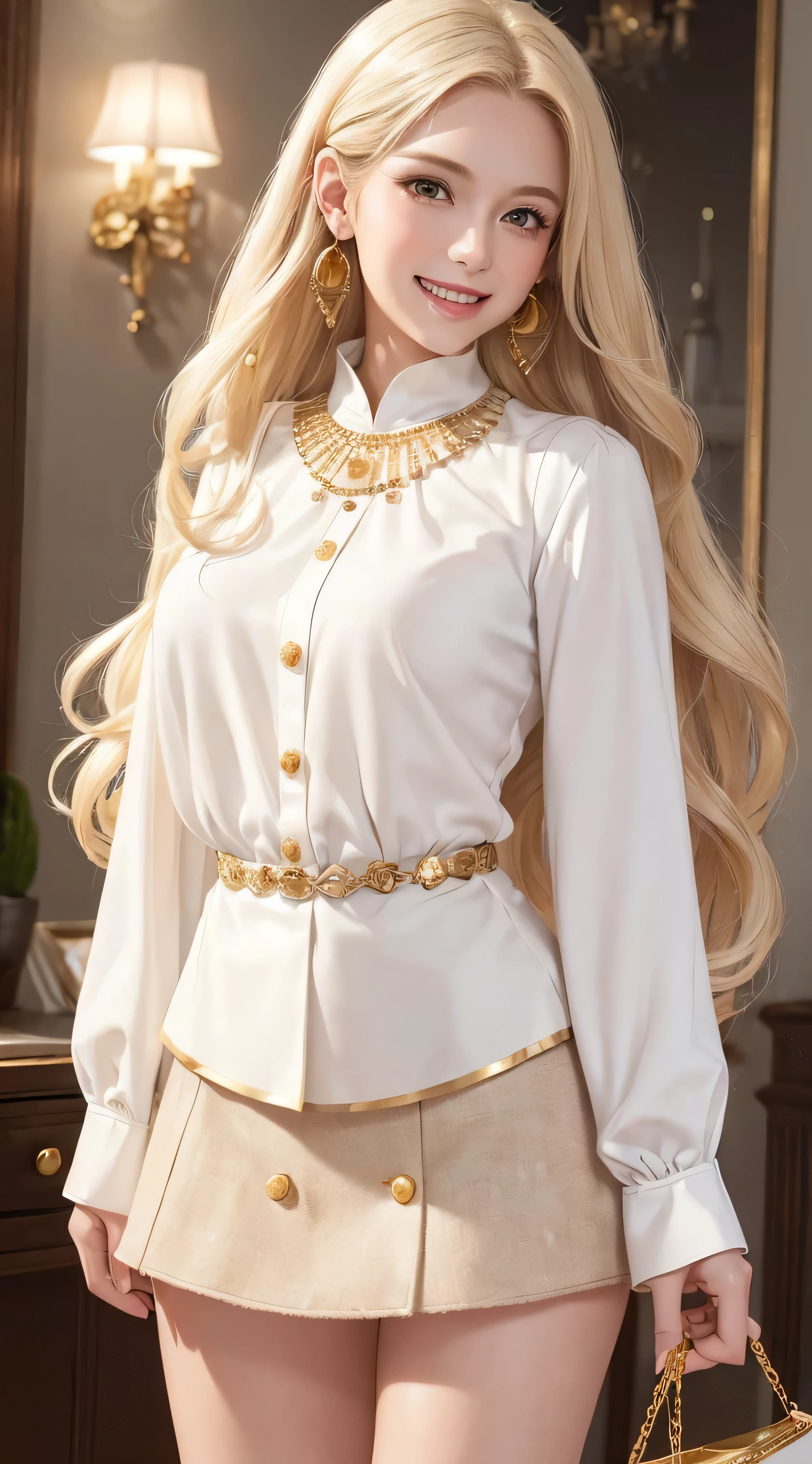 European and American women, Fashion Model, Wearing a white fluffy dress, Glamour, blonde hair, brown eyes, 8K, high quality, masterpiece, 最high quality, HD, very detailed、voluminous lighting, photorealistic、((Super long blonde hair:1.2))((Hair with loose waves inside:1.2)),((gold necklace＿Large earrings:1.2)),((white long sleeve button blouse_brown tweed miniskirt:1.3)),((shy smile:1.3)),
