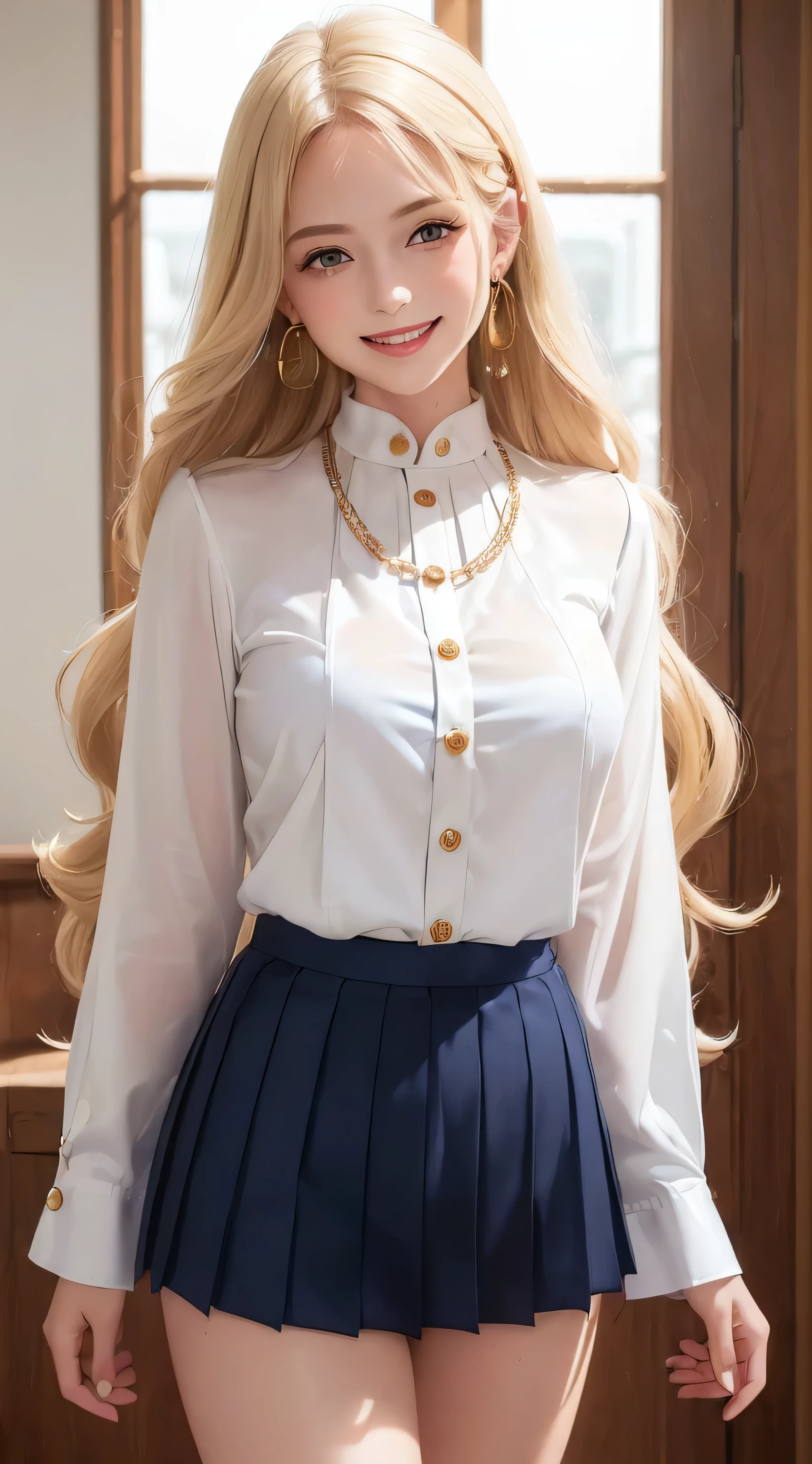 European and American women, Fashion Model, Wearing a white fluffy dress, Glamour, blonde hair, With bangs、brown eyes, 8K, high quality, masterpiece, 最high quality, HD, very detailed、voluminous lighting, photorealistic、((Super long blonde hair:1.2))((Hair with loose waves inside:1.2)),((gold necklace_Large earrings:1.2)),((white long sleeve button blouse_Navy blue pleated mini skirt:1.3)),((shy smile:1.3)),