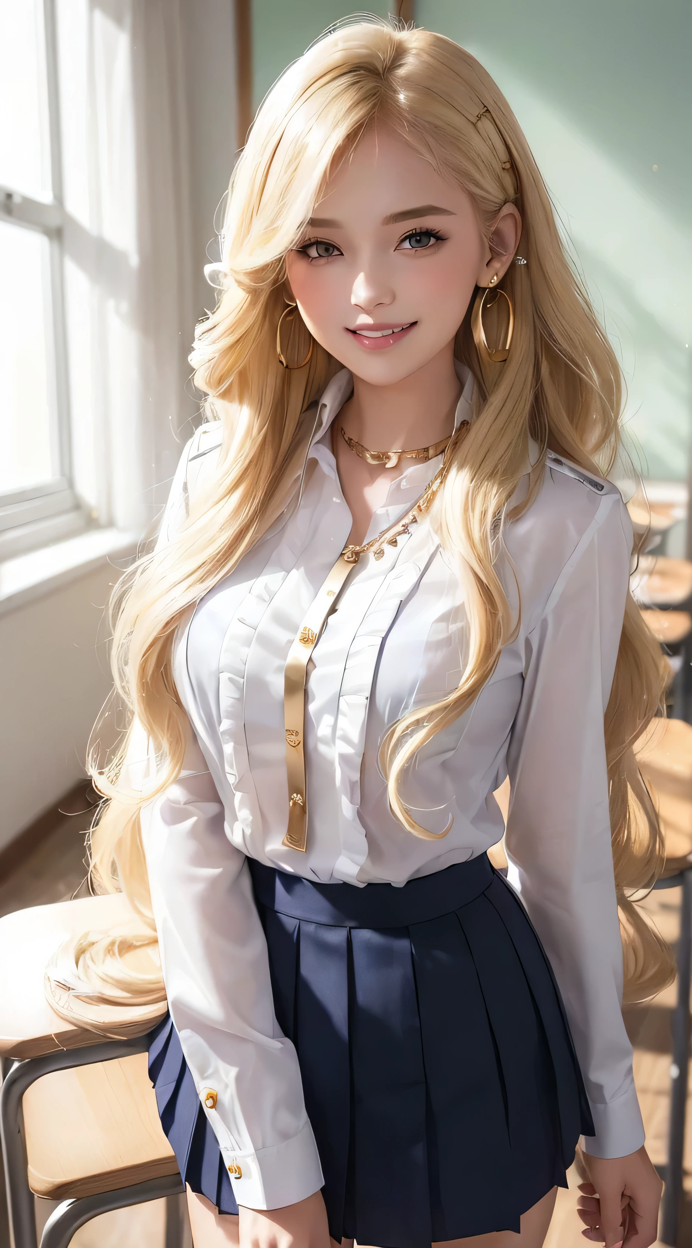 works, best quality, girl, long hair alternative, absurdly long hair, blonde hair, bow hair, aqua eyes, seductive smile, tongue, black eyes, longeyelashes, big breasts, mole on the chest, white shirt, short black skirt, shoes, pendant, hair ribbon, flower ribbon, hair_ribbon, hair_ribbon, hair_flower