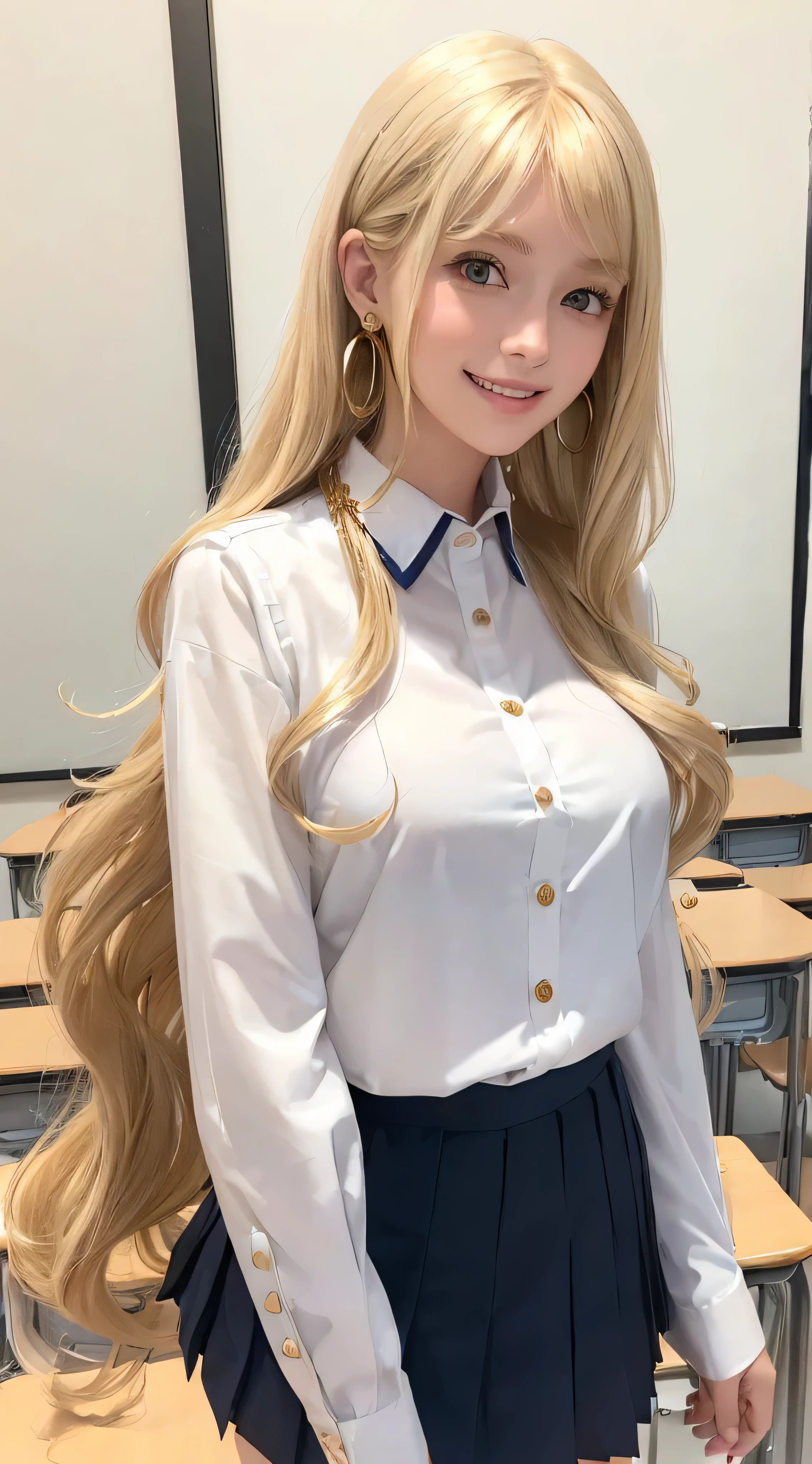 European and American women, Fashion Model, Wearing a white fluffy dress, Glamour, blonde hair, With bangs、brown eyes, 8K, high quality, masterpiece, 最high quality, HD, very detailed、voluminous lighting, photorealistic、((Super long blonde hair:1.2))((Hair with loose waves inside:1.2)),((gold necklace＿Large earrings:1.2)),((school uniform＿white long sleeve button up blouse_with collar_Navy blue pleated mini skirt:1.3)),((shy smile:1.3)),((school classroom_Standing gracefully:1.3))