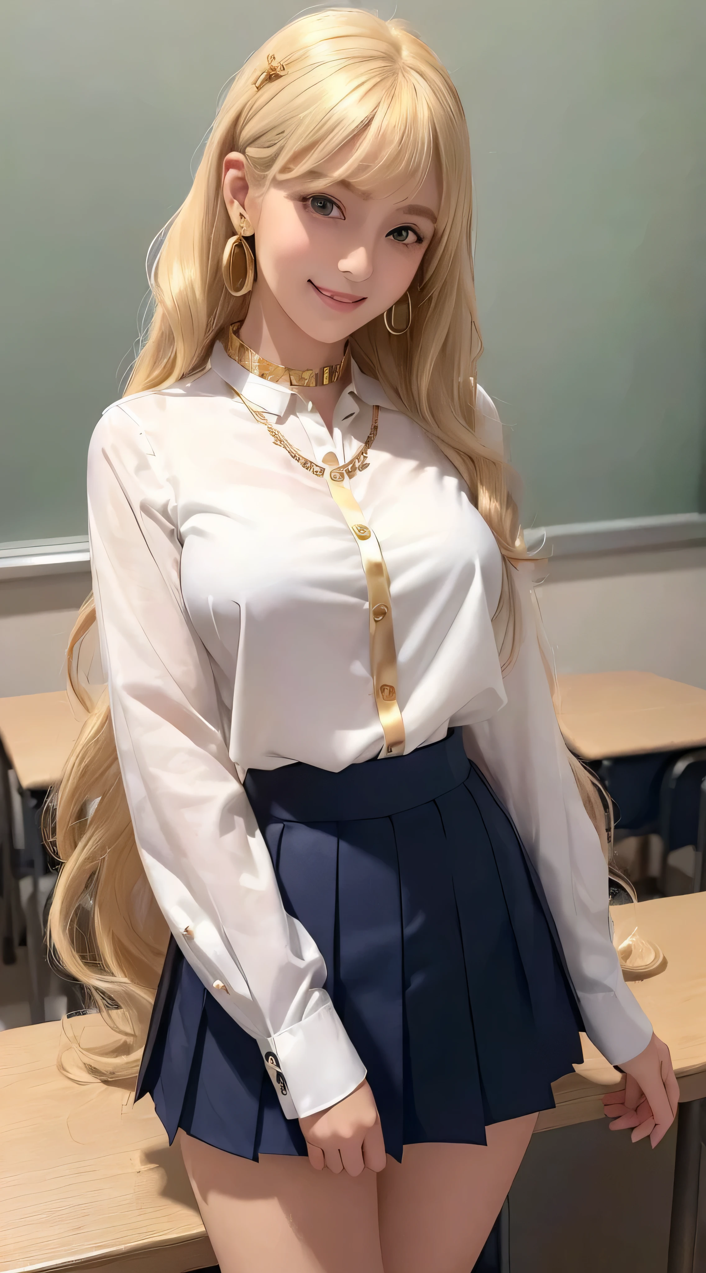 European and American women, Fashion Model, Wearing a white fluffy dress, Glamour, blonde hair, With bangs、brown eyes, 8K, high quality, masterpiece, 最high quality, HD, very detailed、voluminous lighting, photorealistic、((Super long blonde hair:1.2))((Hair with loose waves inside:1.2)),((gold necklace_Large earrings:1.2)),((school uniform_white long sleeve button up blouse_with collar_Navy blue pleated mini skirt:1.3)),((shy smile:1.3)),((school classroom_Standing gracefully:1.3))