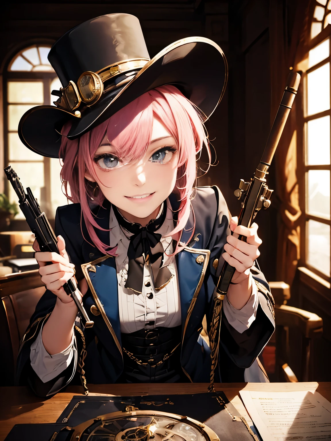 ((masterpiece, of highest quality)), detailed face, beautiful face, beautiful eyes, full bodyビアン, full of details, Work in the workshop, using a rifle, rifle referente a steampunk, very detailed, depth, many parts,beautiful girl with pink hair,with messy hair,long pink hair,disease,white student,legs are very thin,long legs, blue tab, steampunk, ファッションsteampunk, full body, Abrigo de Camarero, High neck blouse, top hat with mechanical gear, brass accents, Small Leather Goods ,expensive and expensive,delgado, 8K, surreal, official art, Glamour, bit, ambroso, oil on canvas, brush stroke, kind, Ultra high definition, 8K, unreal engine 5, super sharp focus,, types of bacteria, Reusch, nffsw, 緻密な芸術のmasterpiece, Unlucky, matte paint movie poster, golden ratio, Trends in CG society, complicated, Spectacular, Art station trends, very detailed, lively, production cinematic character rendering, Super high quality model,(((((naughty smile)))))