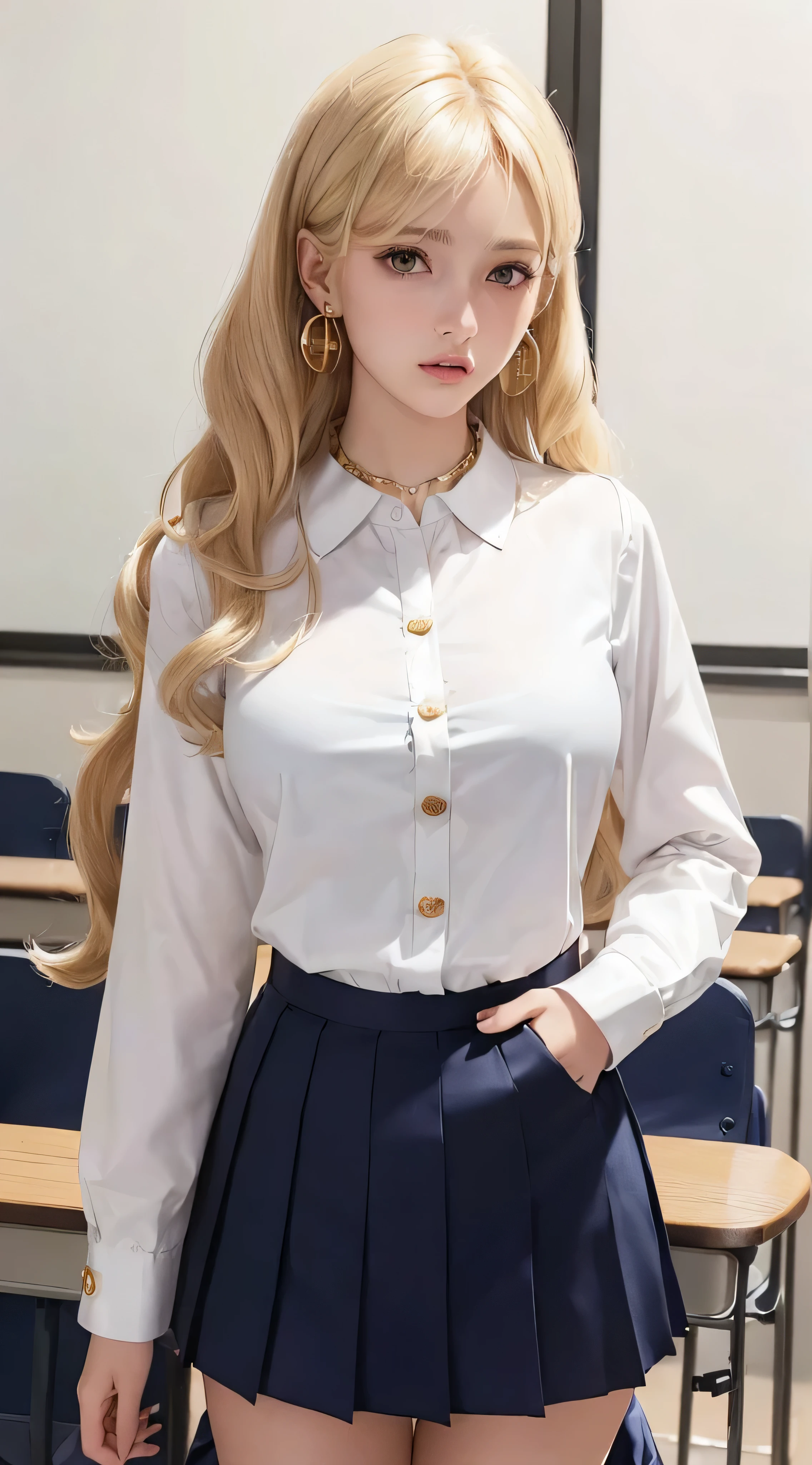 European and American women, Fashion Model, Wearing a white fluffy dress, Glamour, blonde hair, With bangs、brown eyes, 8K, high quality, masterpiece, 最high quality, HD, very detailed、voluminous lighting, photorealistic、((Super long blonde hair:1.2))((Hair with loose waves inside:1.2)),((gold necklace_Large earrings:1.2)),((school uniform_white long sleeve button up blouse_with collar_Navy blue pleated mini skirt:1.3)),((melancholy look:1.3)),((school classroom_Standing gracefully:1.3))