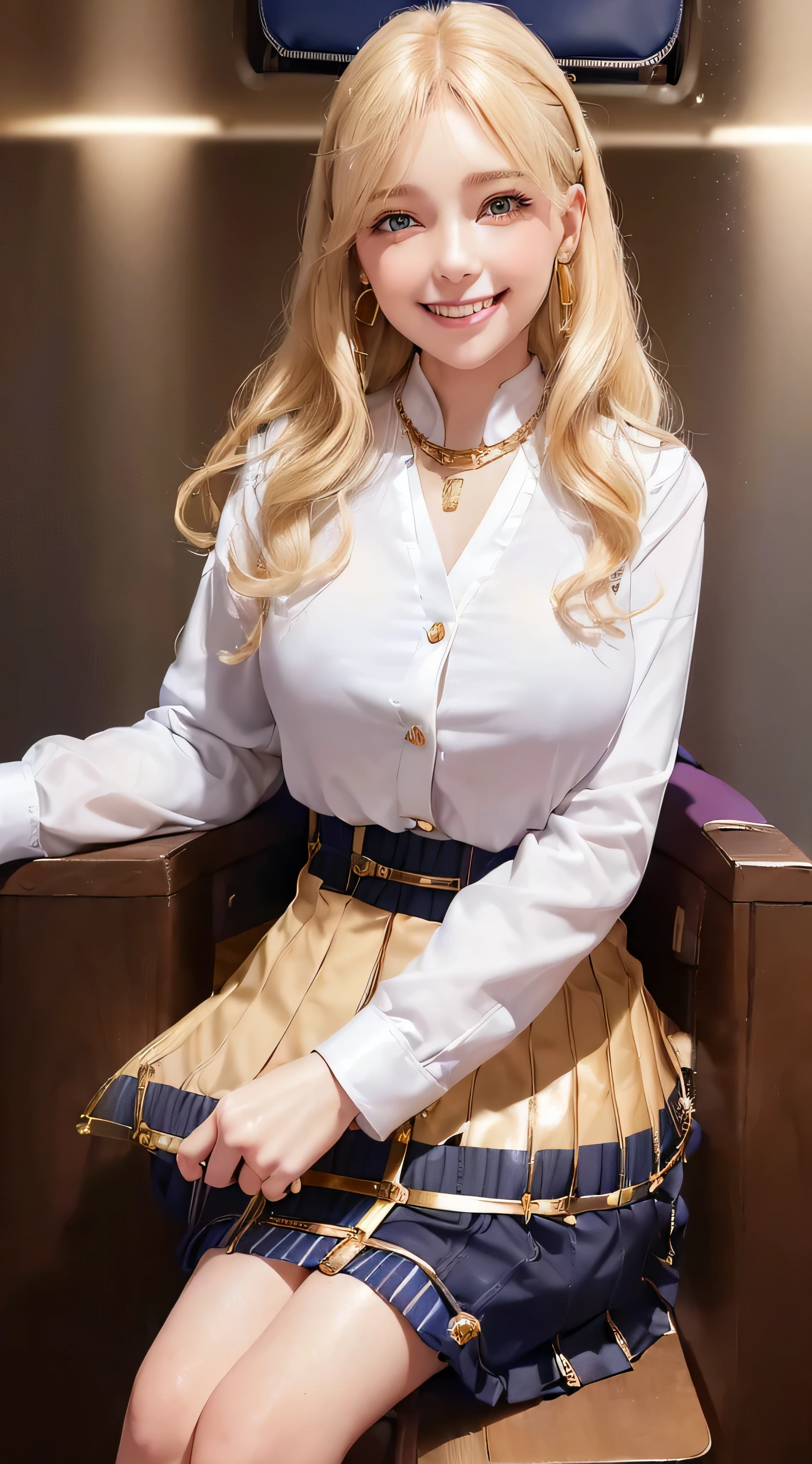 European and American women, Fashion Model, Wearing a white fluffy dress, Glamour, blonde hair, With bangs、brown eyes, 8K, high quality, masterpiece, 最high quality, HD, very detailed、voluminous lighting, photorealistic、((Super long blonde hair:1.2))((Hair with loose waves inside:1.2)),((gold necklace_Large earrings:1.2)),((school uniform_white long sleeve button up blouse_with collar_Navy blue pleated mini skirt:1.3)),((((shy smile:1.3)),((school classroom_sitting in a chair:1.8))