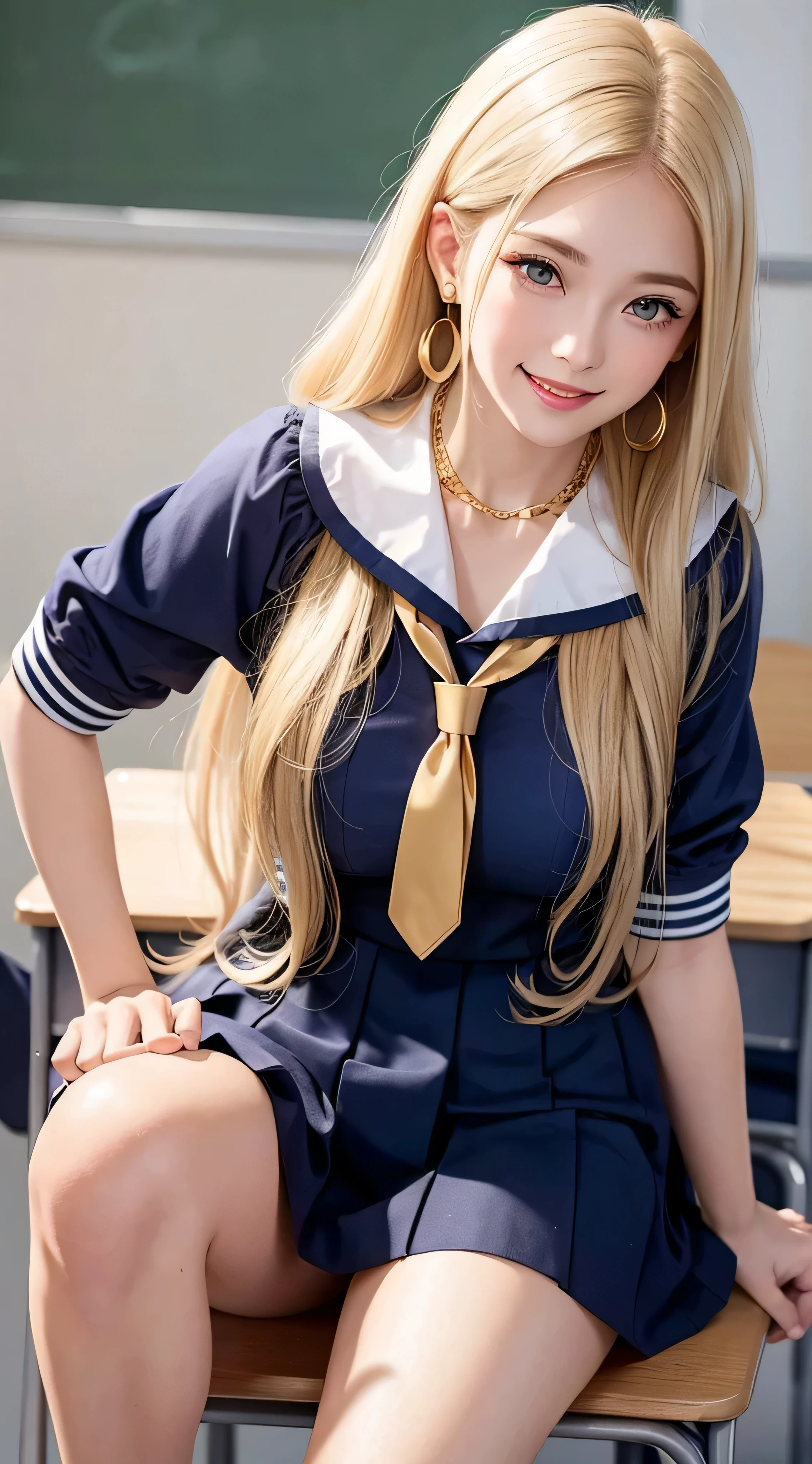 European and American women, Fashion Model, Glamour, blonde hair, With bangs、brown eyes, 8K, high quality, masterpiece, 最high quality, HD, very detailed、voluminous lighting, photorealistic、((Super long blonde hair:1.2))((Hair with loose waves inside:1.2)),((gold necklace_Large earrings:1.2)),((school uniform_navy sailor suit:1.3)),((shy smile:1.3)),((school classroom_sitting in a chair_looking to the left:1.3))、